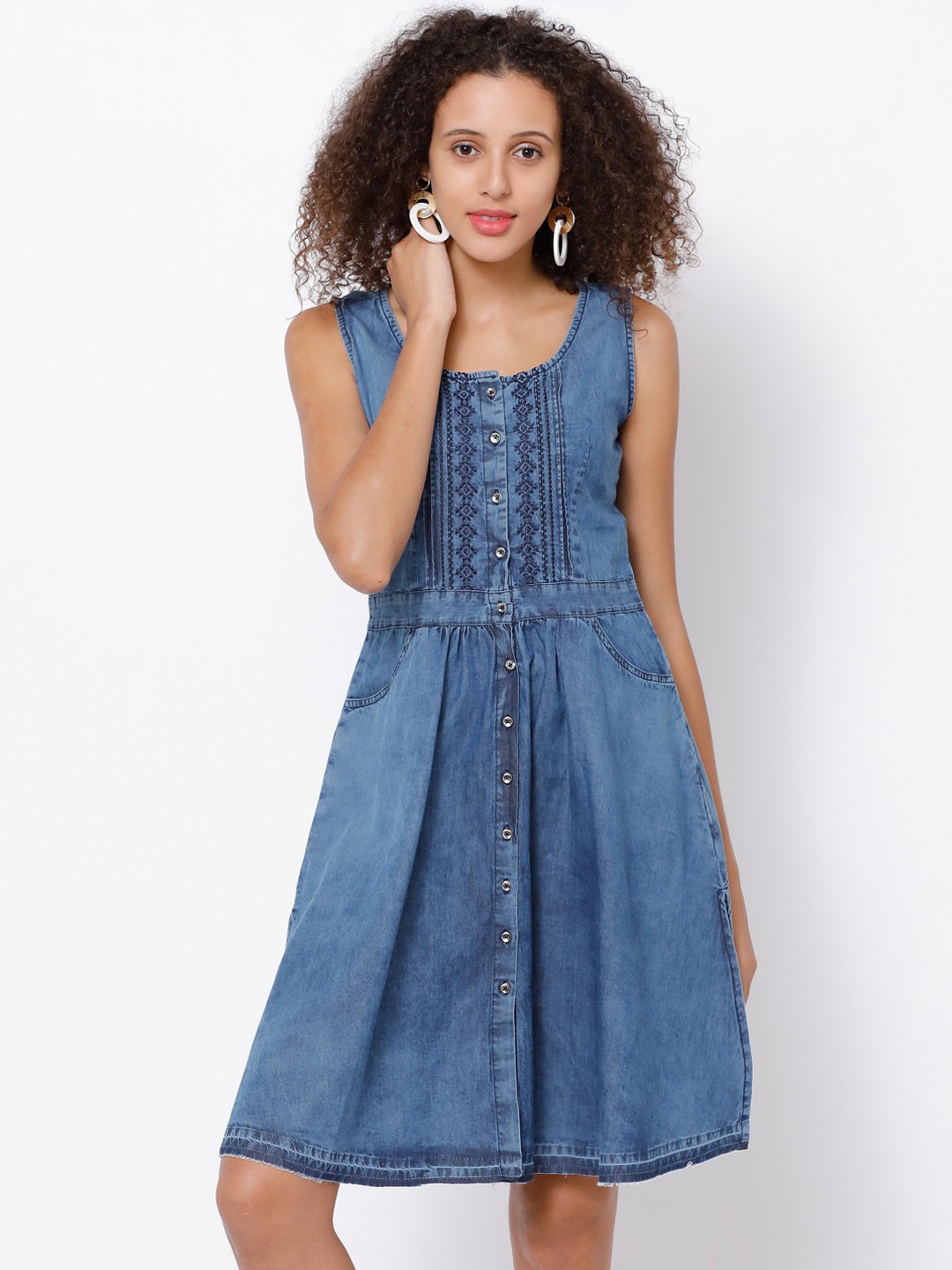 

Tokyo Talkies Women Blue Solid Fit and Flare embroidered Dress