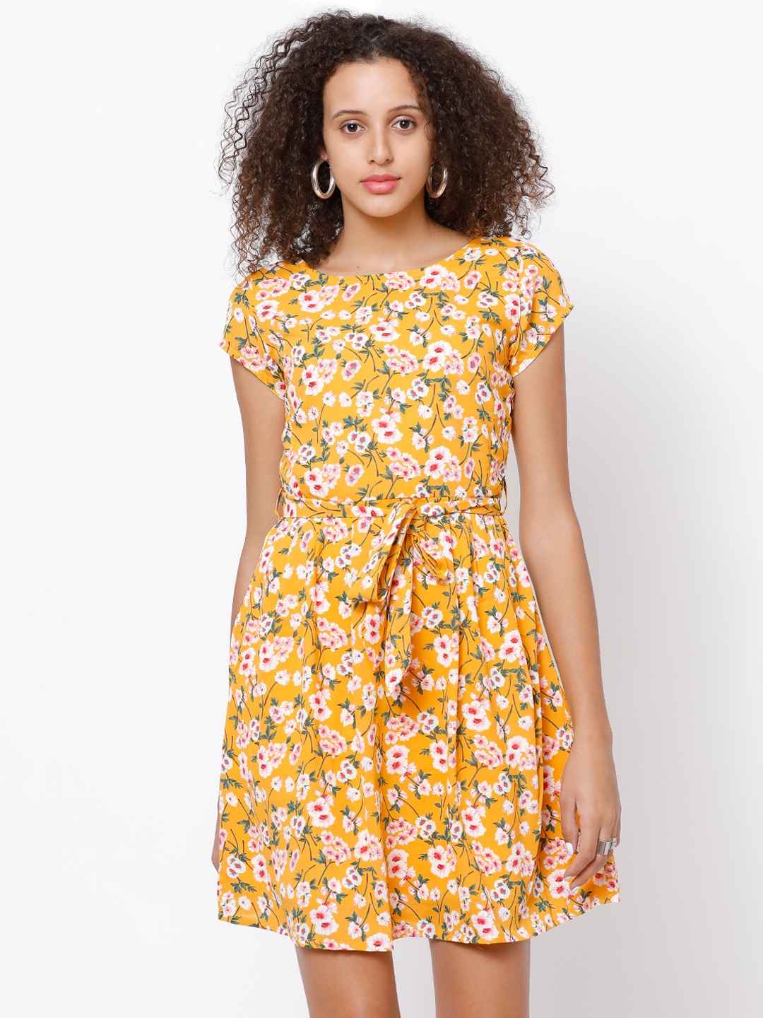 

Tokyo Talkies Women Yellow Printed Fit and Flare Dress