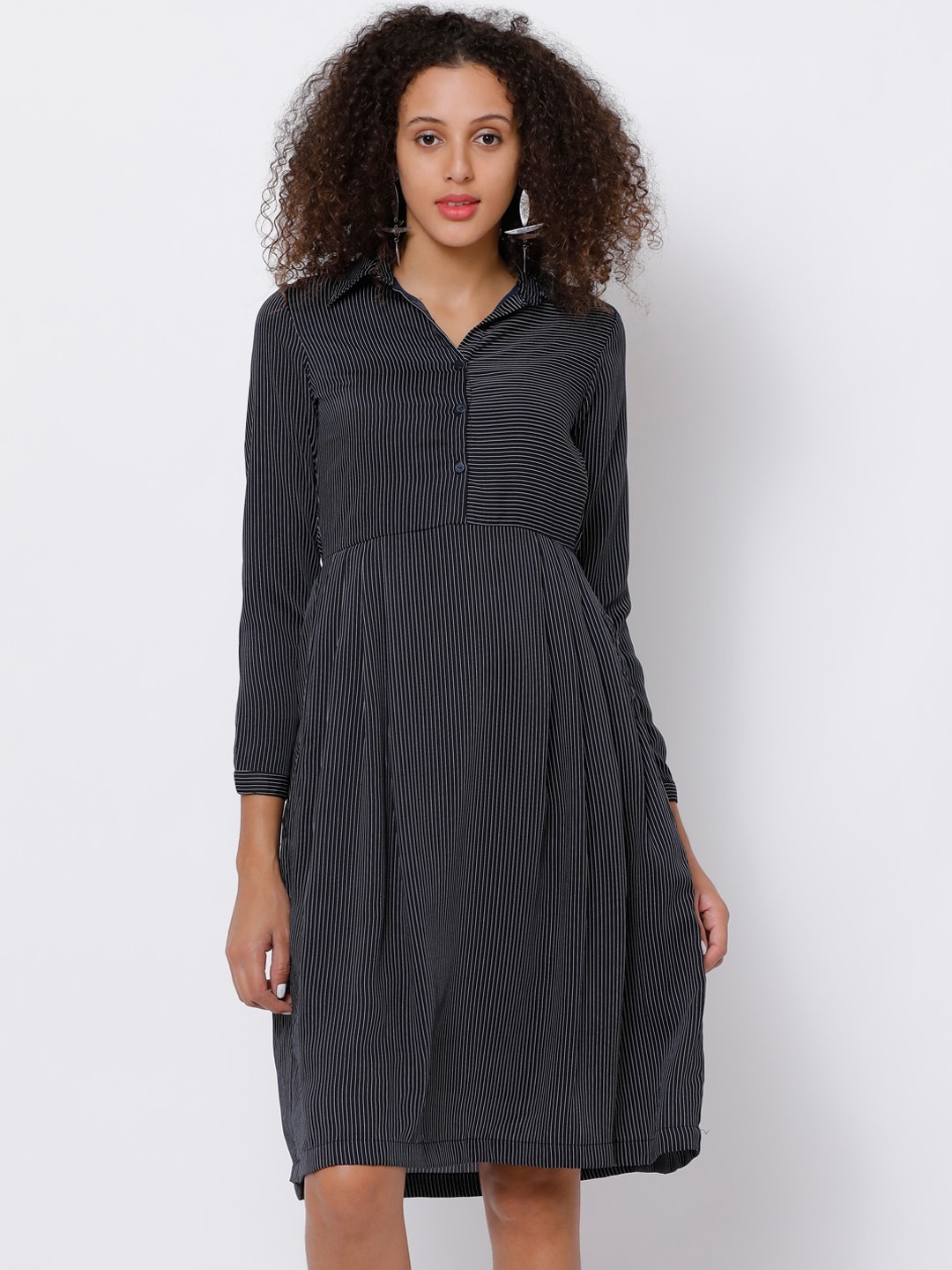 

Tokyo Talkies Women Navy Blue Striped Fit and Flare Dress