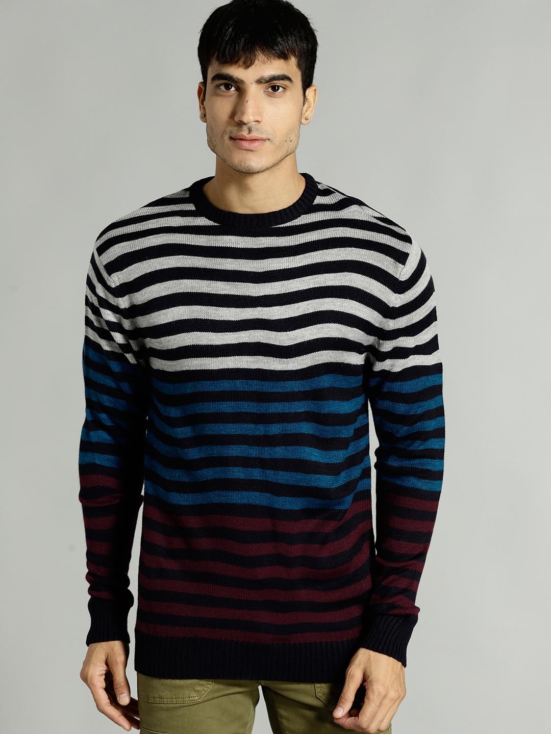 

Roadster Men Navy Blue & Grey Striped Longline Pullover