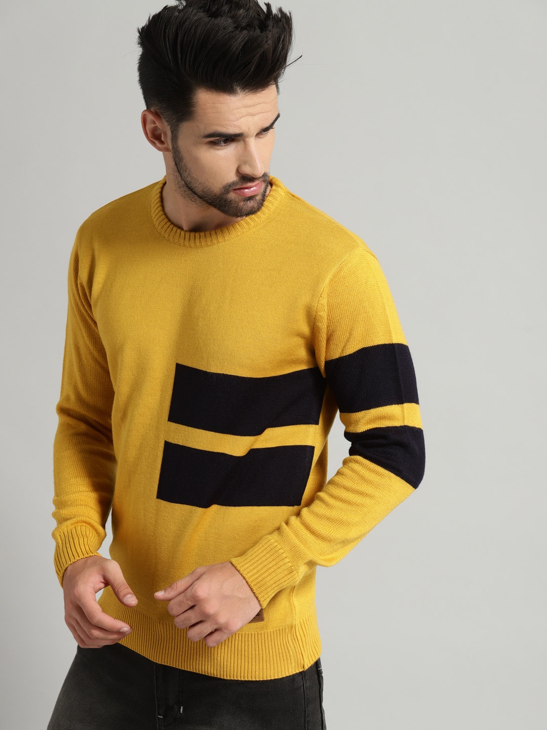 

Roadster Men Mustard Yellow & Black Striped Pullover