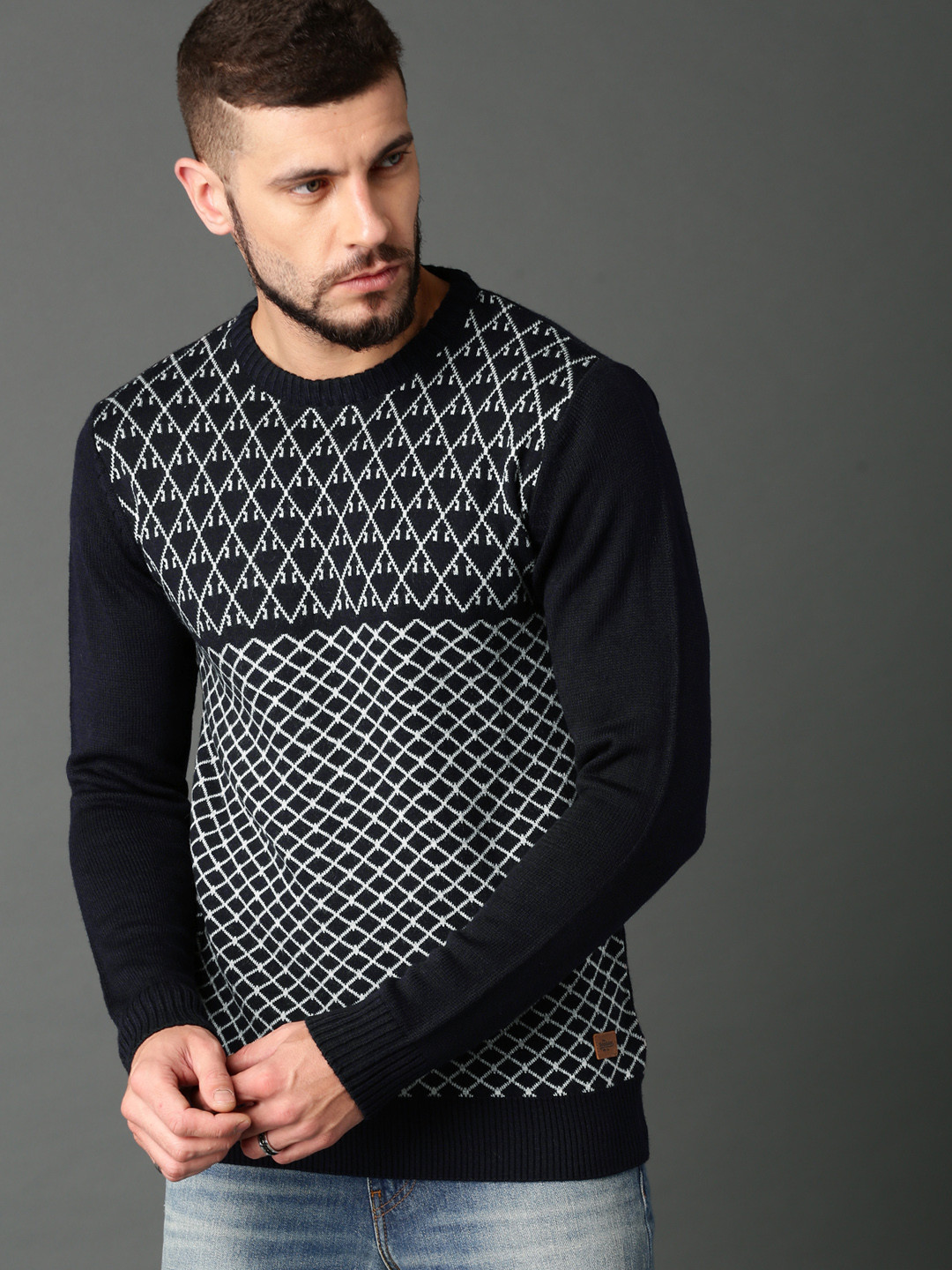

Roadster Men Navy Blue Self-Design Pullover