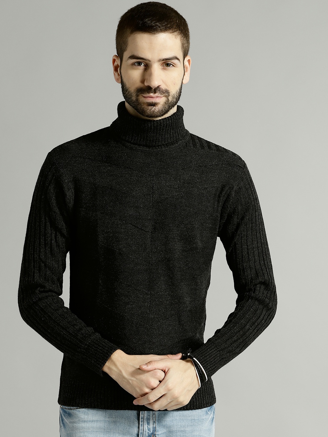 

Roadster Men Charcoal Grey Striped Pullover