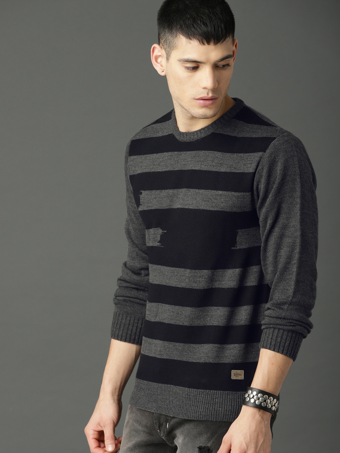 

Roadster Men Grey & Black Striped Pullover Sweater