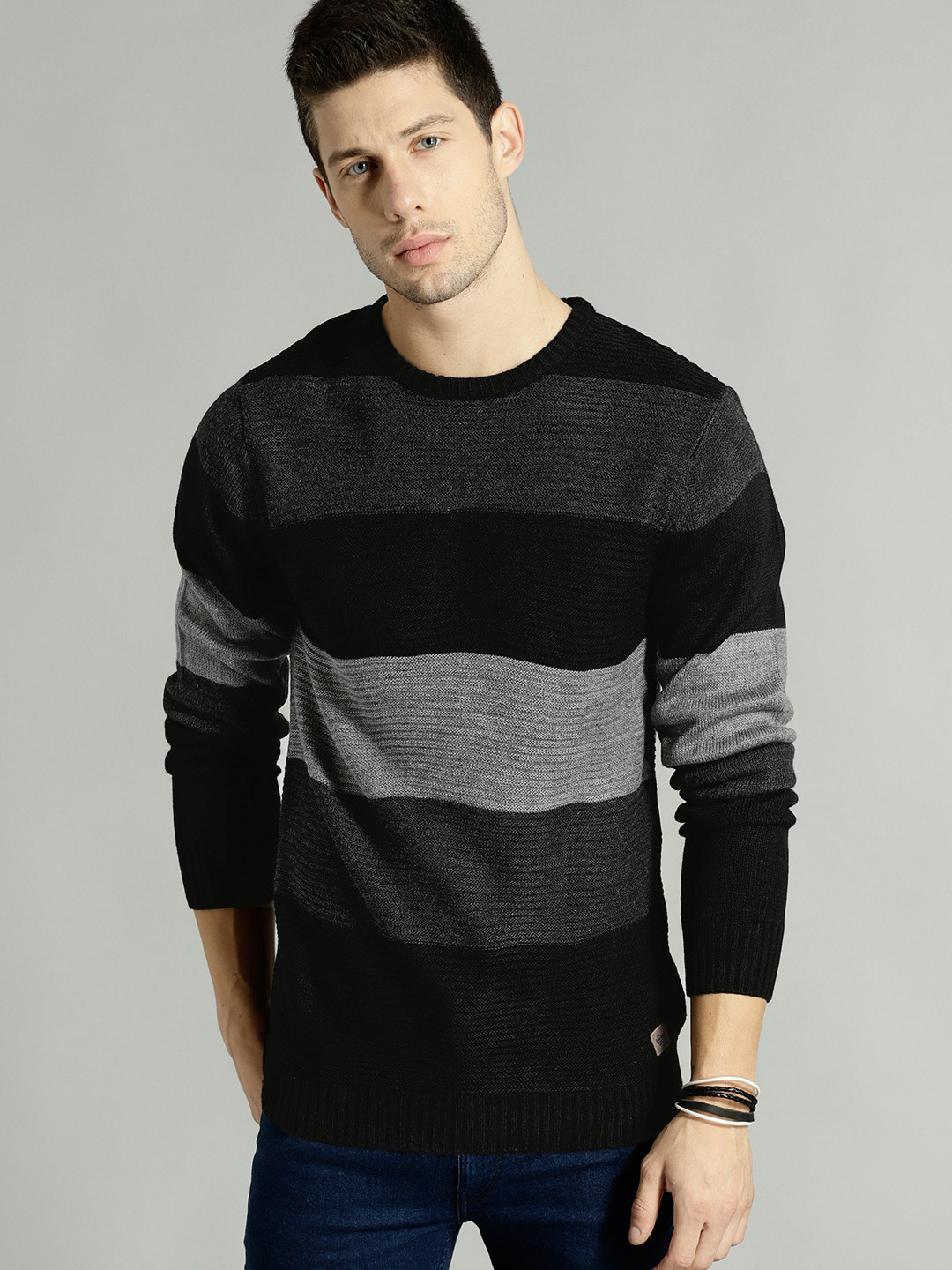 

Roadster Men Black & Charcoal Grey Striped Pullover