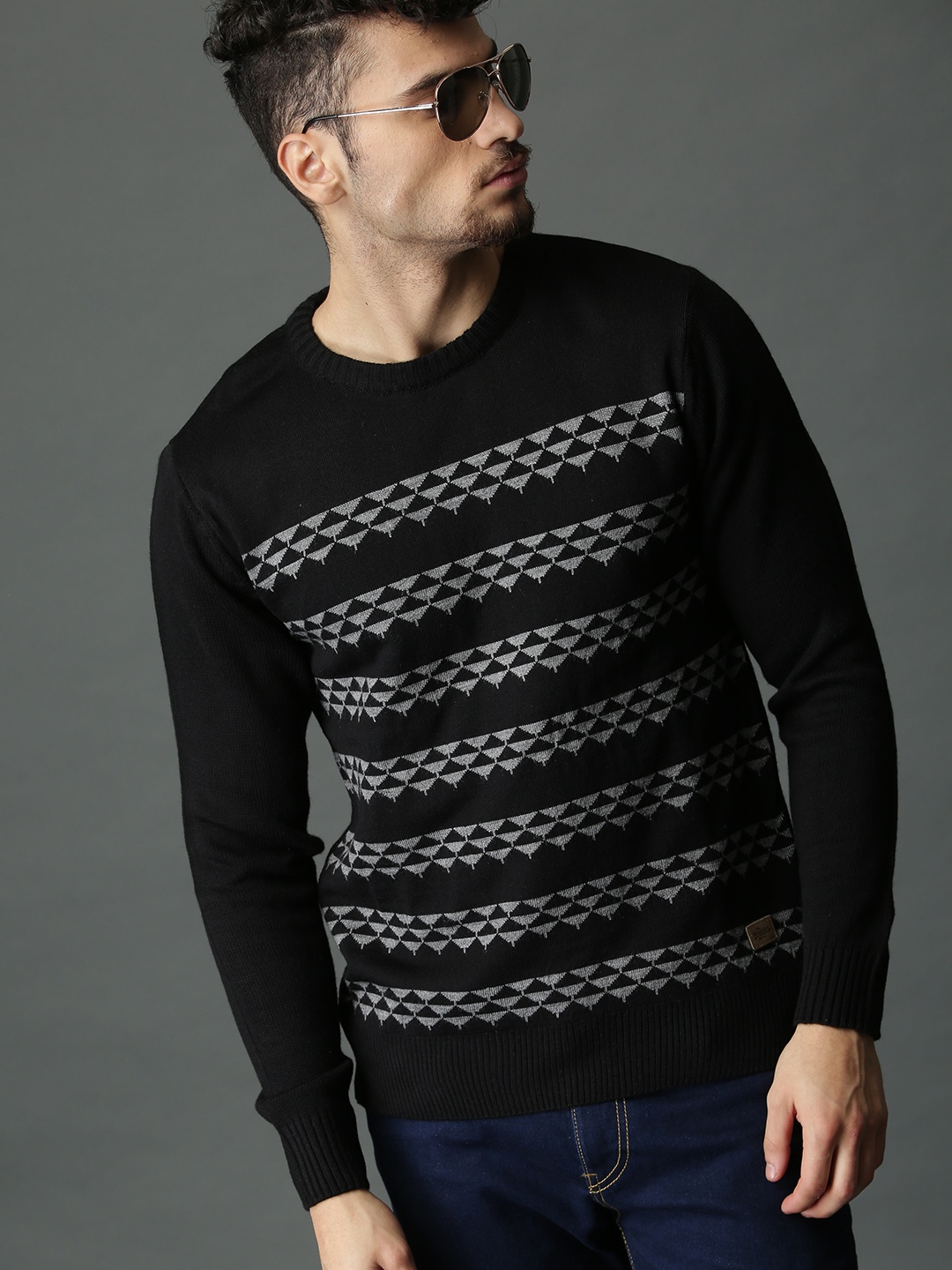 

Roadster Men Black & Grey Melange Striped Pullover