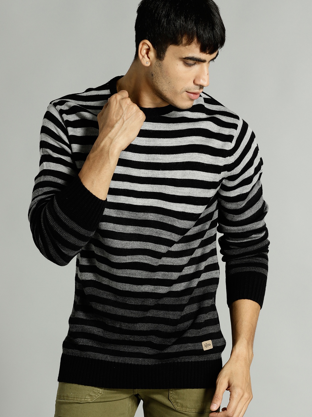 

Roadster Men Black & Grey Striped Pullover