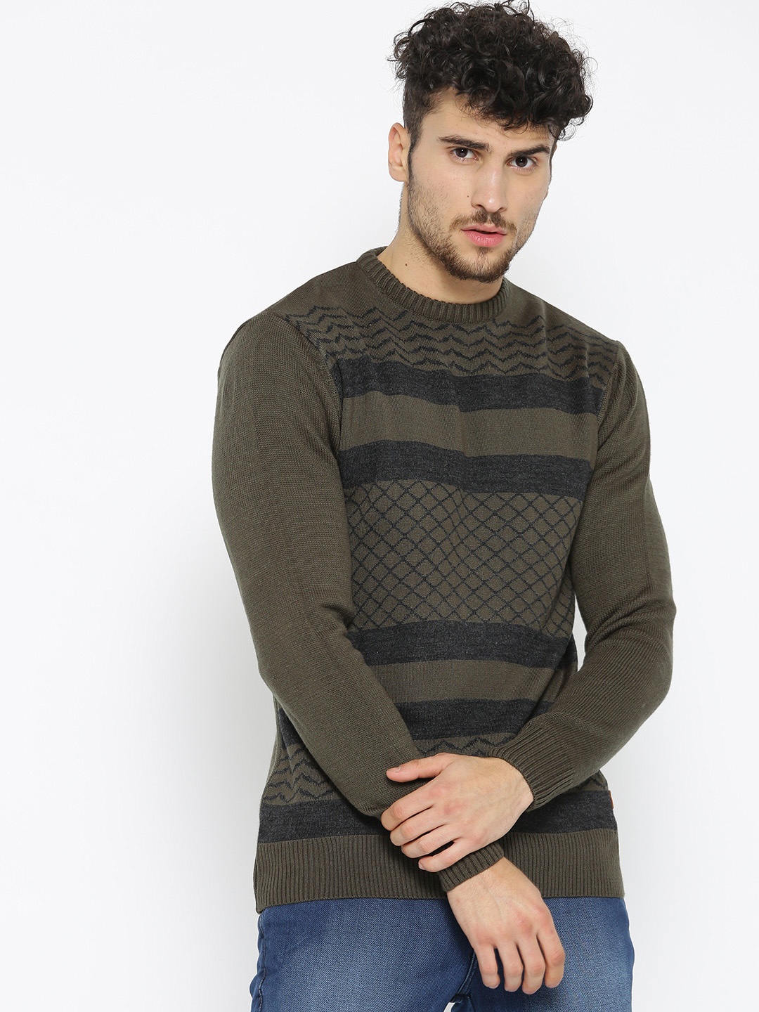 

Roadster Men Olive Green & Charcoal Grey Self Design Pullover