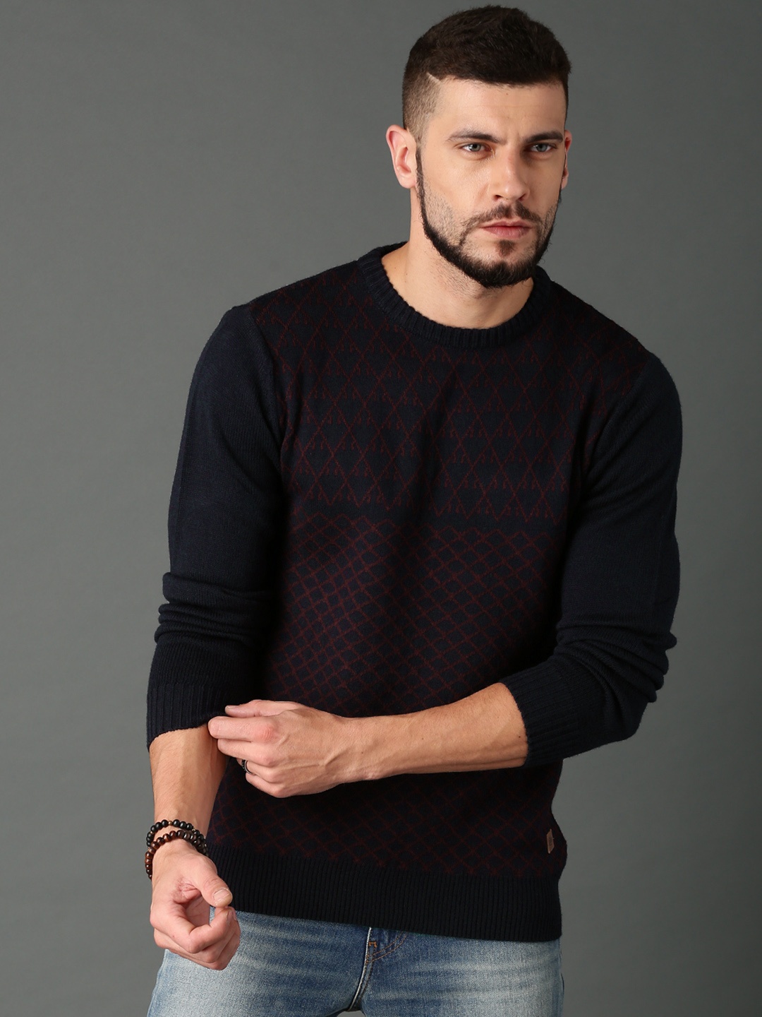 

Roadster Men Navy Blue Self-Design Pullover