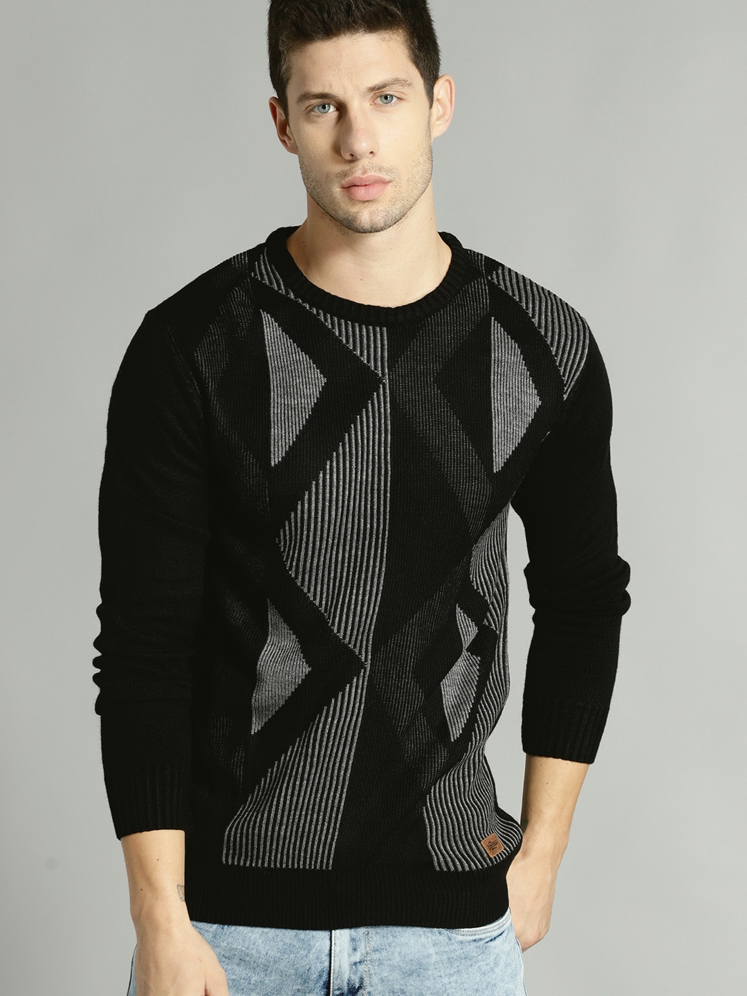 

Roadster Men Black & Grey Self Design Pullover