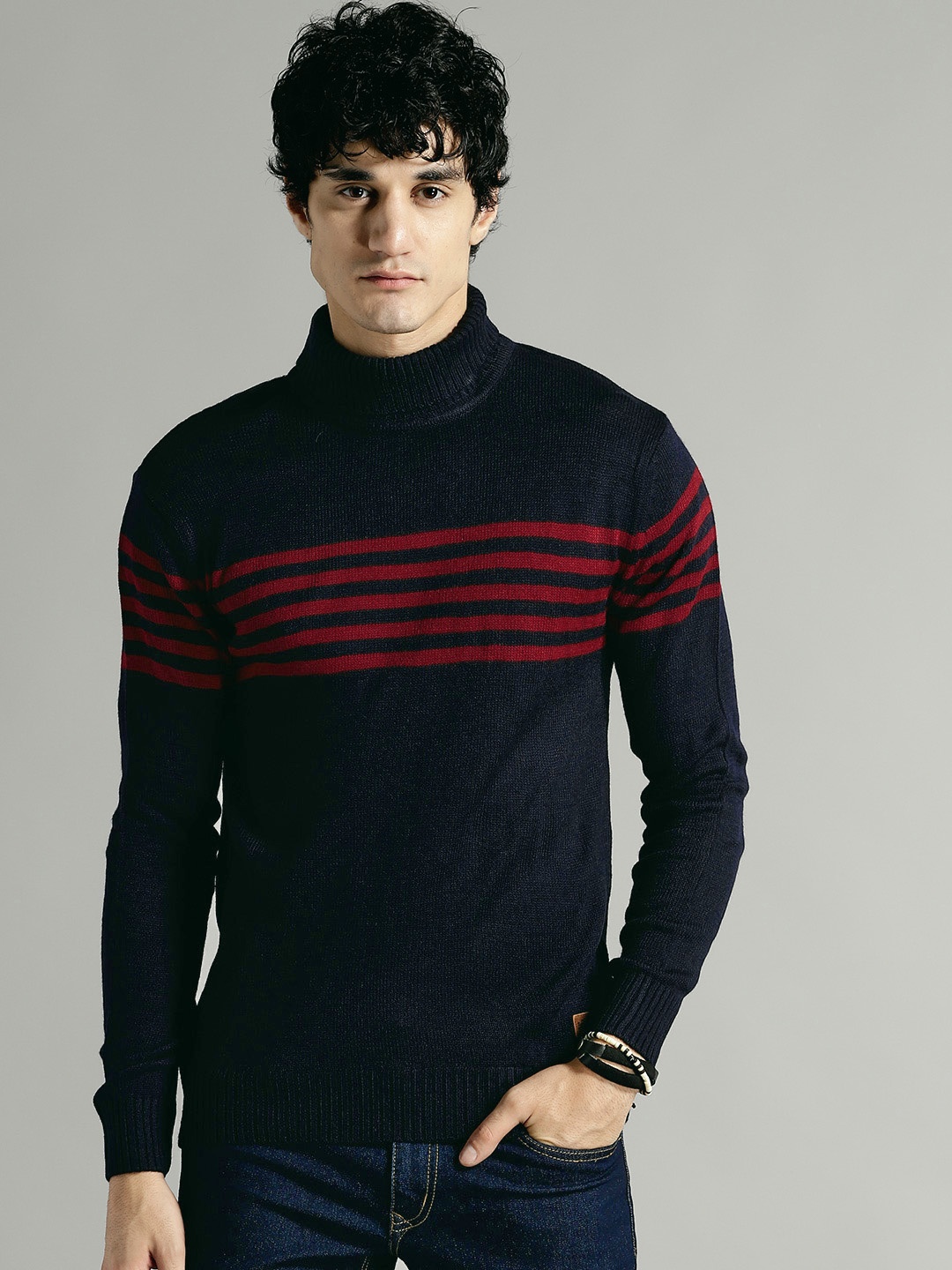 

Roadster Men Navy Blue & Red Striped Pullover