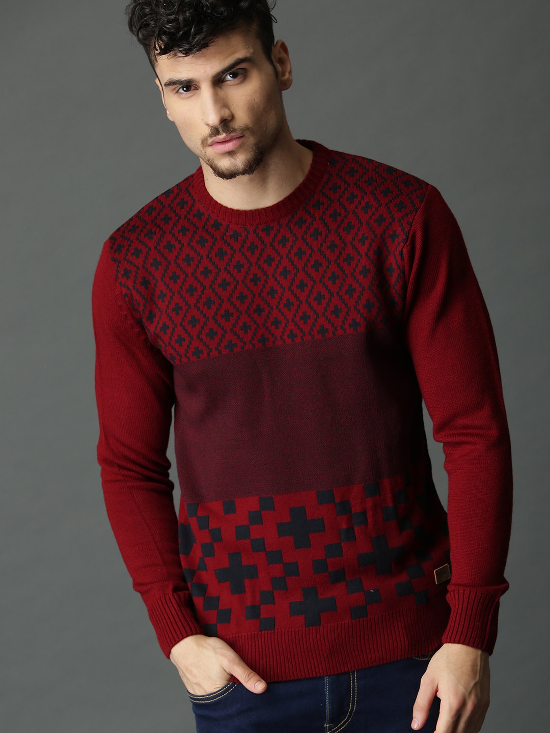 

Roadster Men Maroon & Navy Blue Self Design Pullover