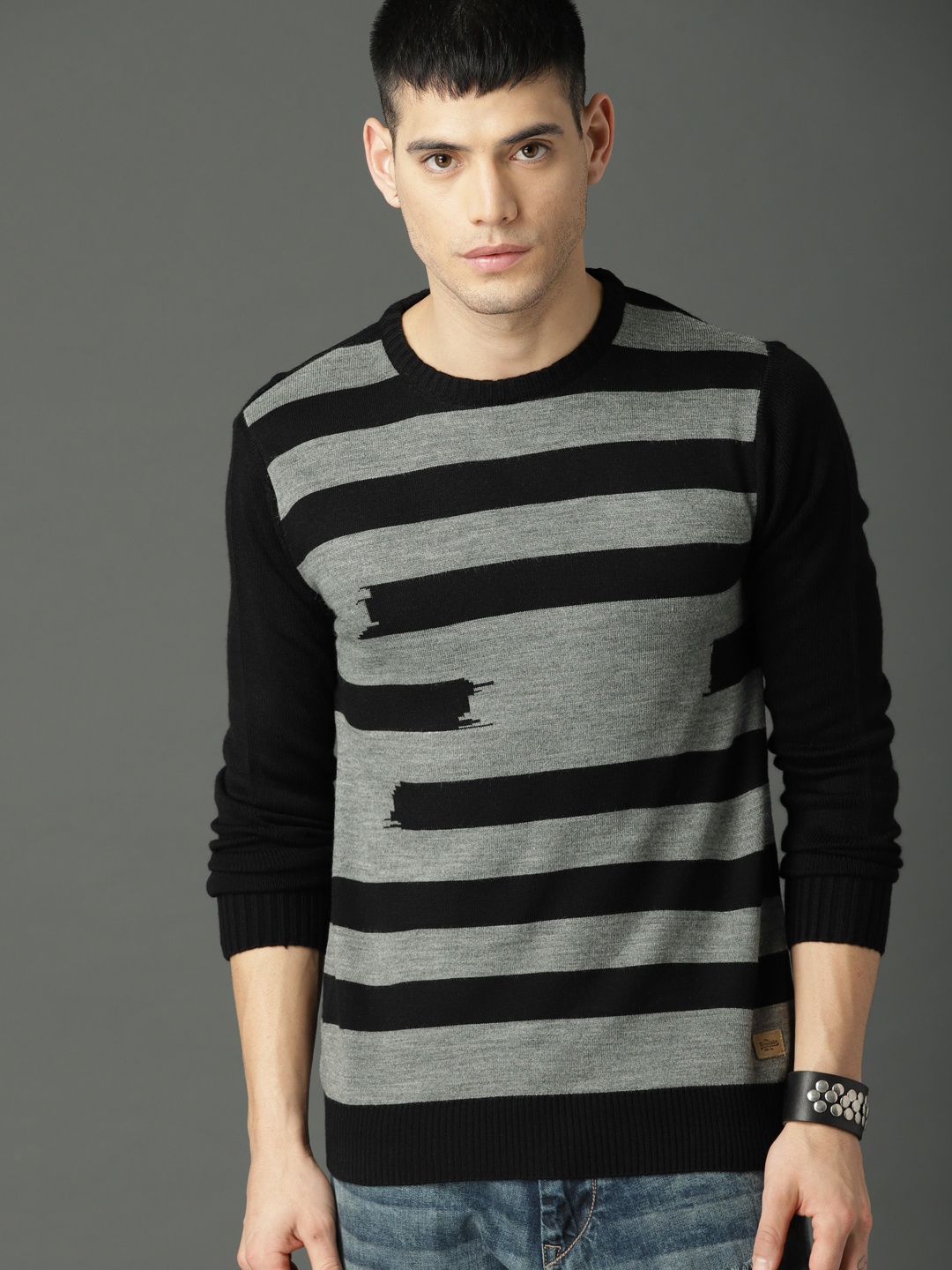 

Roadster Men Black & Grey Striped Pullover Sweater