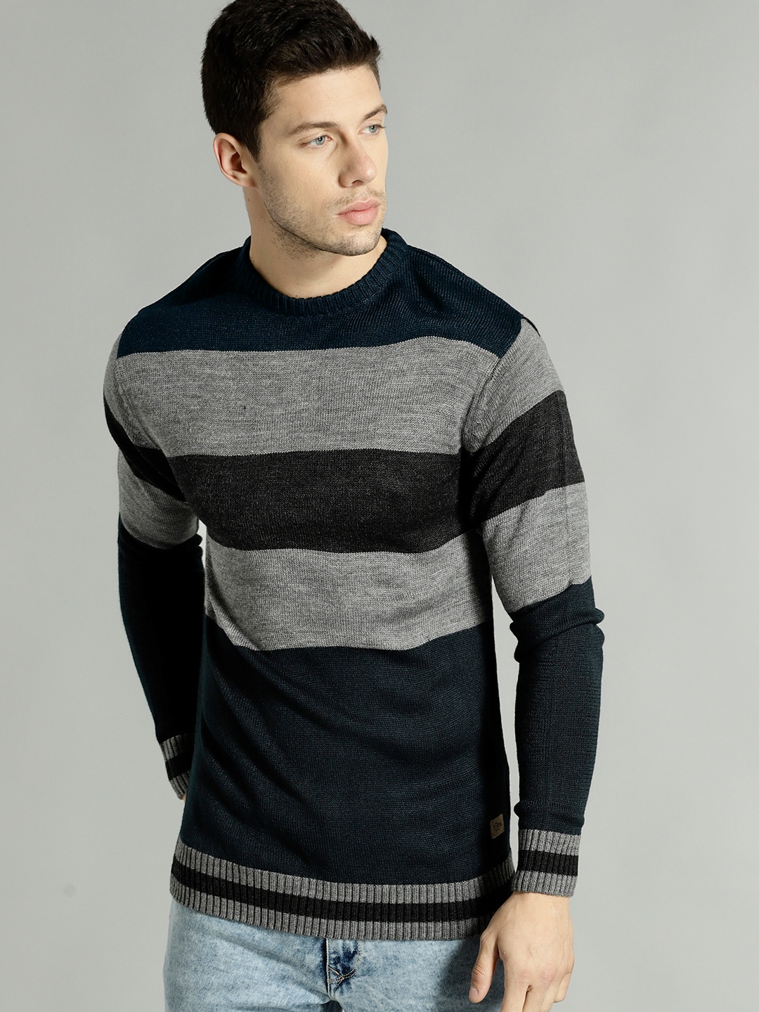 

Roadster Men Navy Blue & Grey Striped Pullover