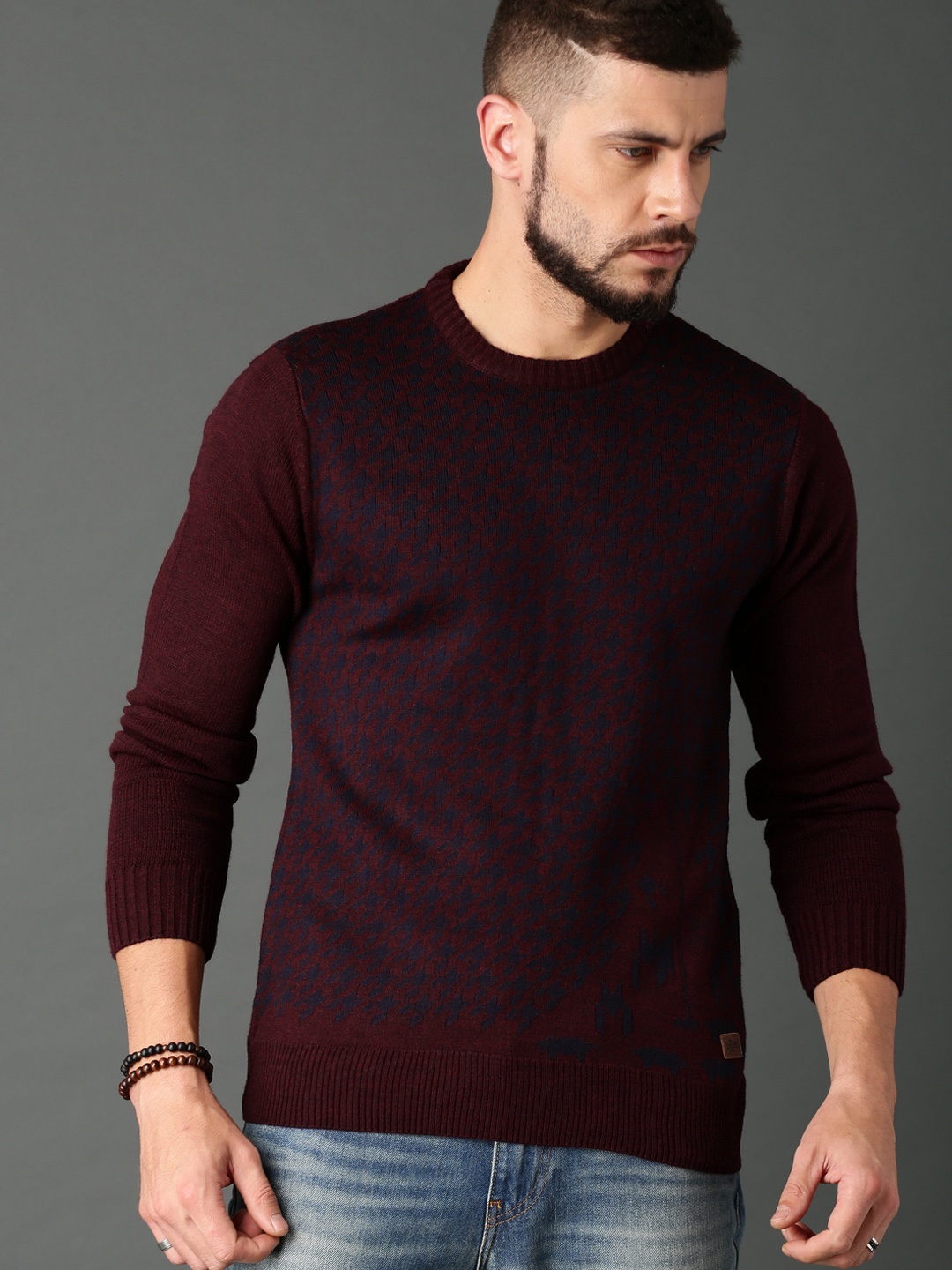 

Roadster Men Maroon Self-Design Pullover