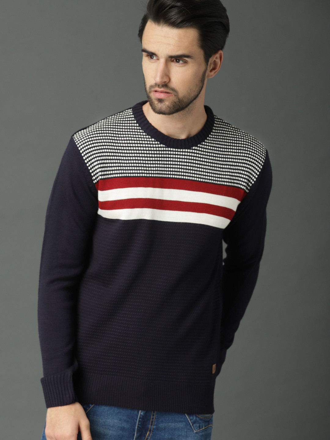 

Roadster Men Black & Maroon Striped Pullover Sweater