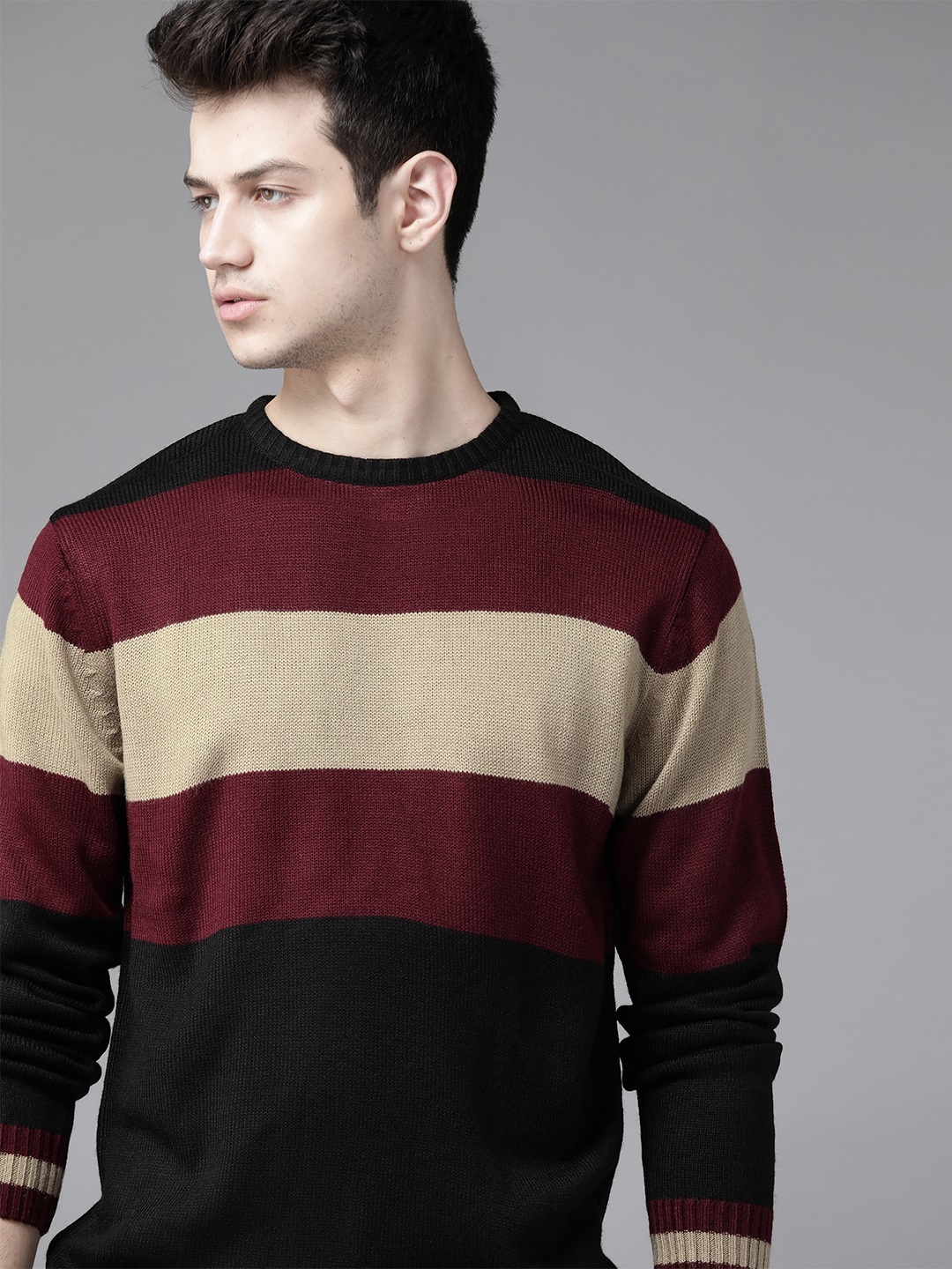 

Roadster Men Burgundy & Black Colourblocked Pullover