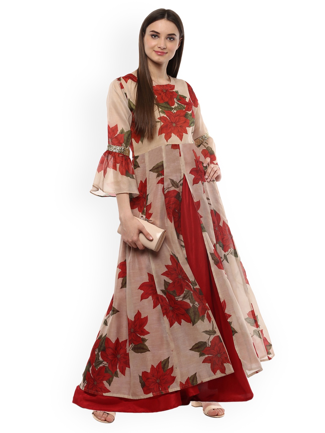 

Ahalyaa Women Beige & Maroon Printed Layered Maxi Dress