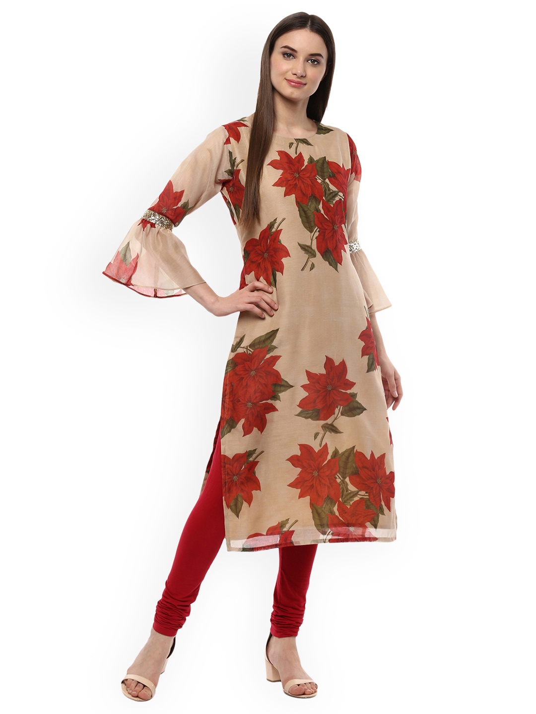 

Ahalyaa Women Beige & Maroon Floral Printed Straight Kurta