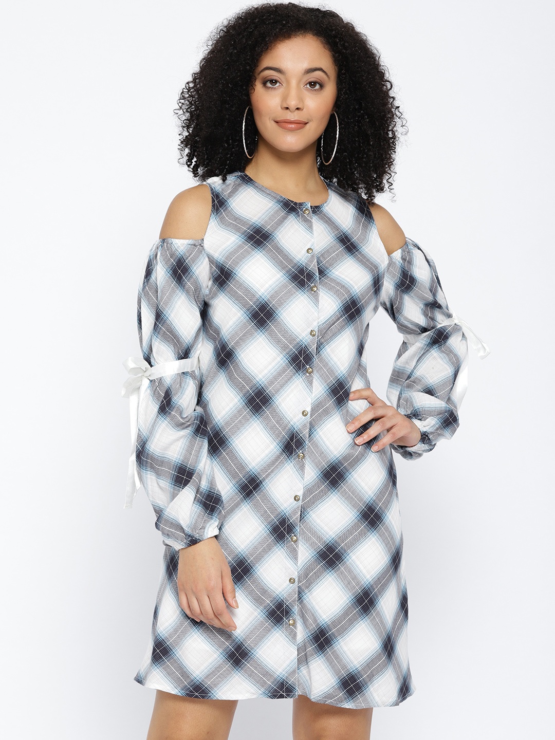 

Vero Moda Women White Checked Off-shoulder Shirt Style Dress