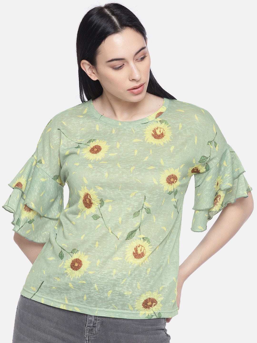 

Vero Moda Women Green & Yellow Semi Sheer Printed Top