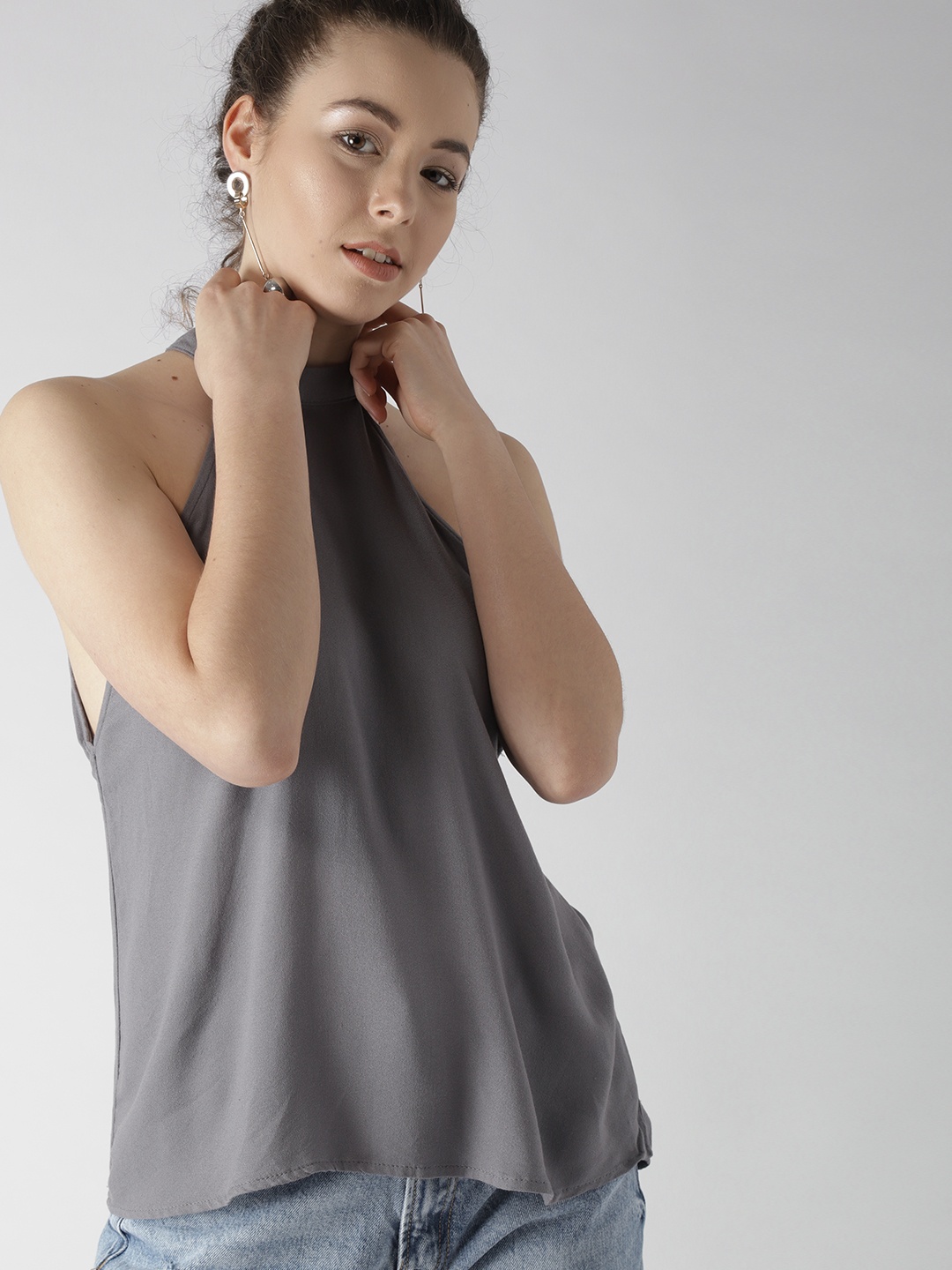 

FOREVER 21 Women Grey Solid Styled Back Top