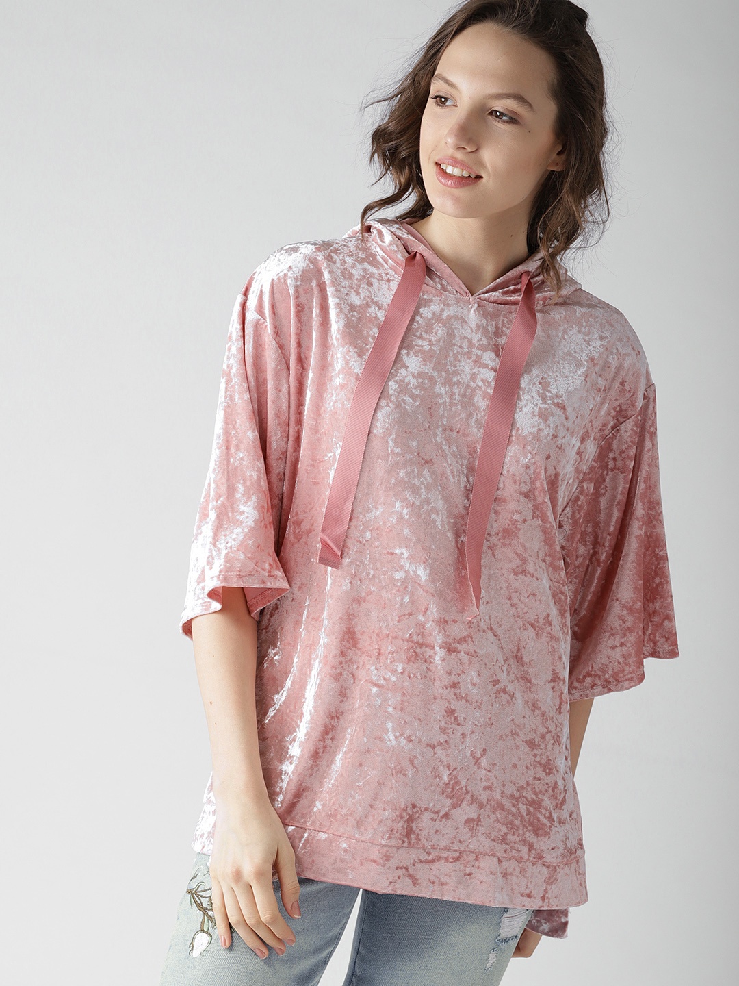 

FOREVER 21 Women Pink Velvet Finish Hooded T-shirt