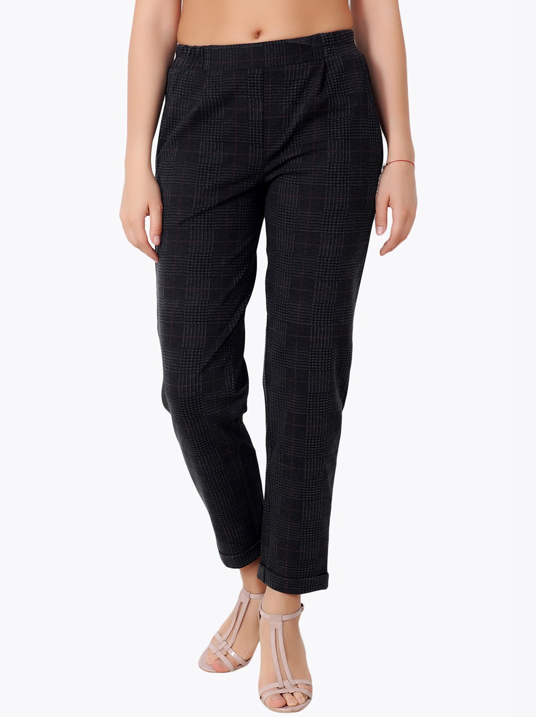 

Cation Women Grey & Black Checked Regular Trousers