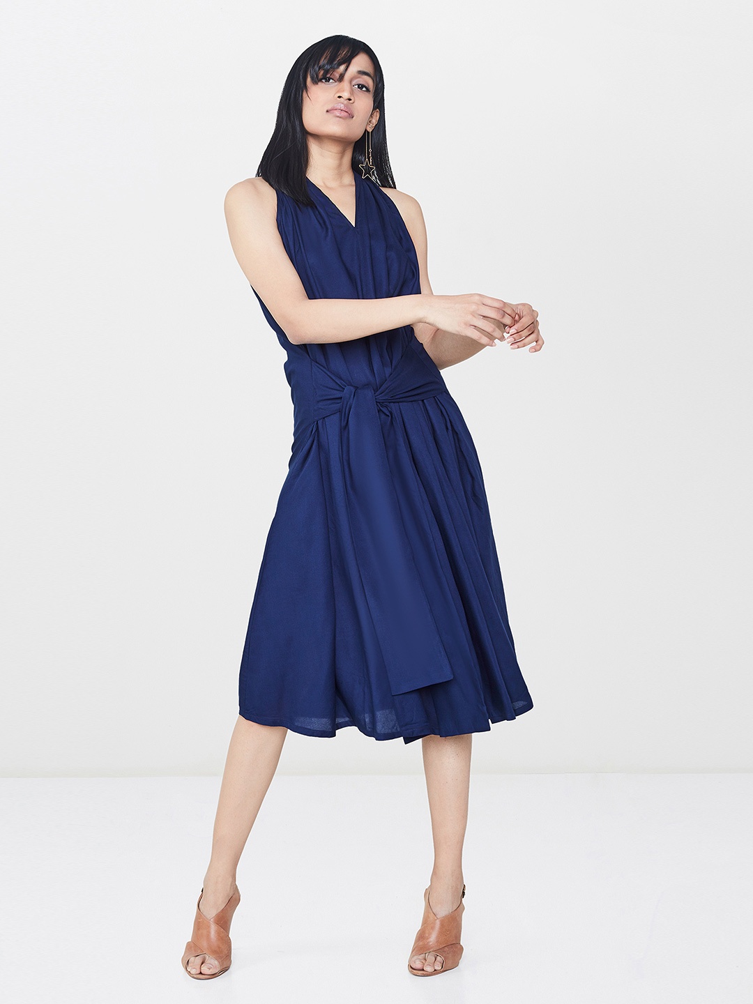 

AND Women Navy Blue Solid A-Line Dress
