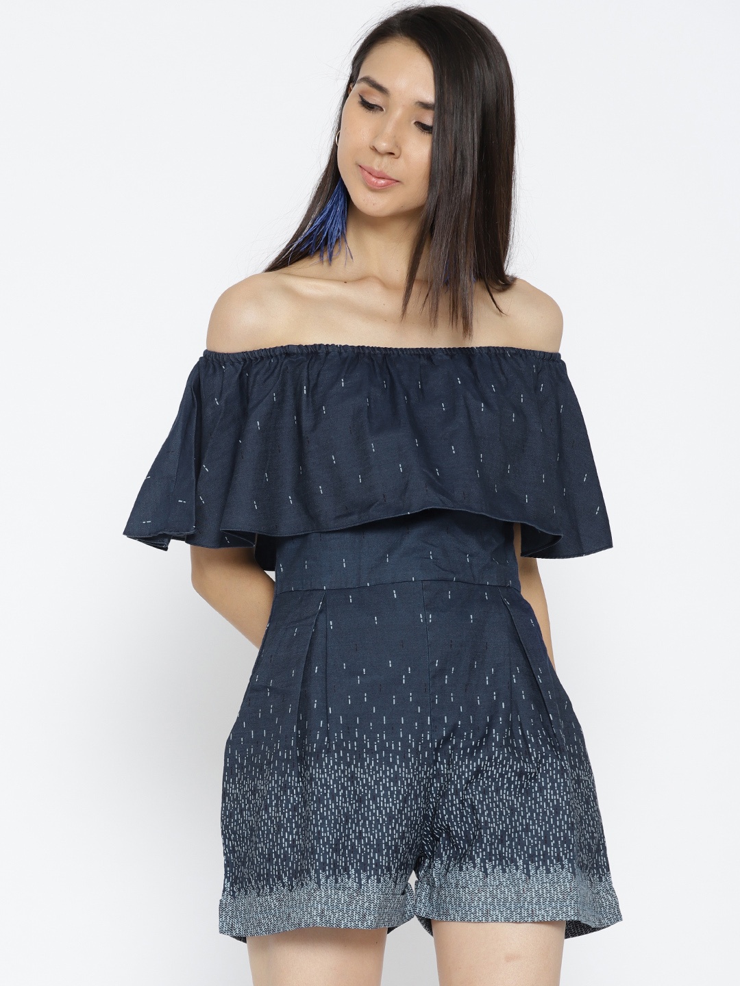 

AND Navy Blue Printed Off-Shoulder Chambray Playsuit