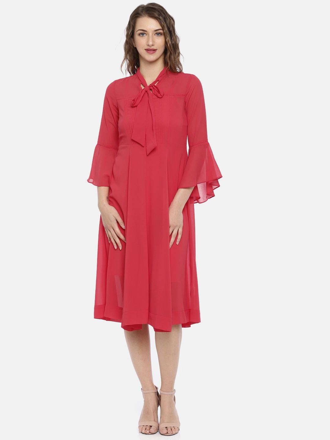 

AND Women Coral Red Solid A-Line Dress