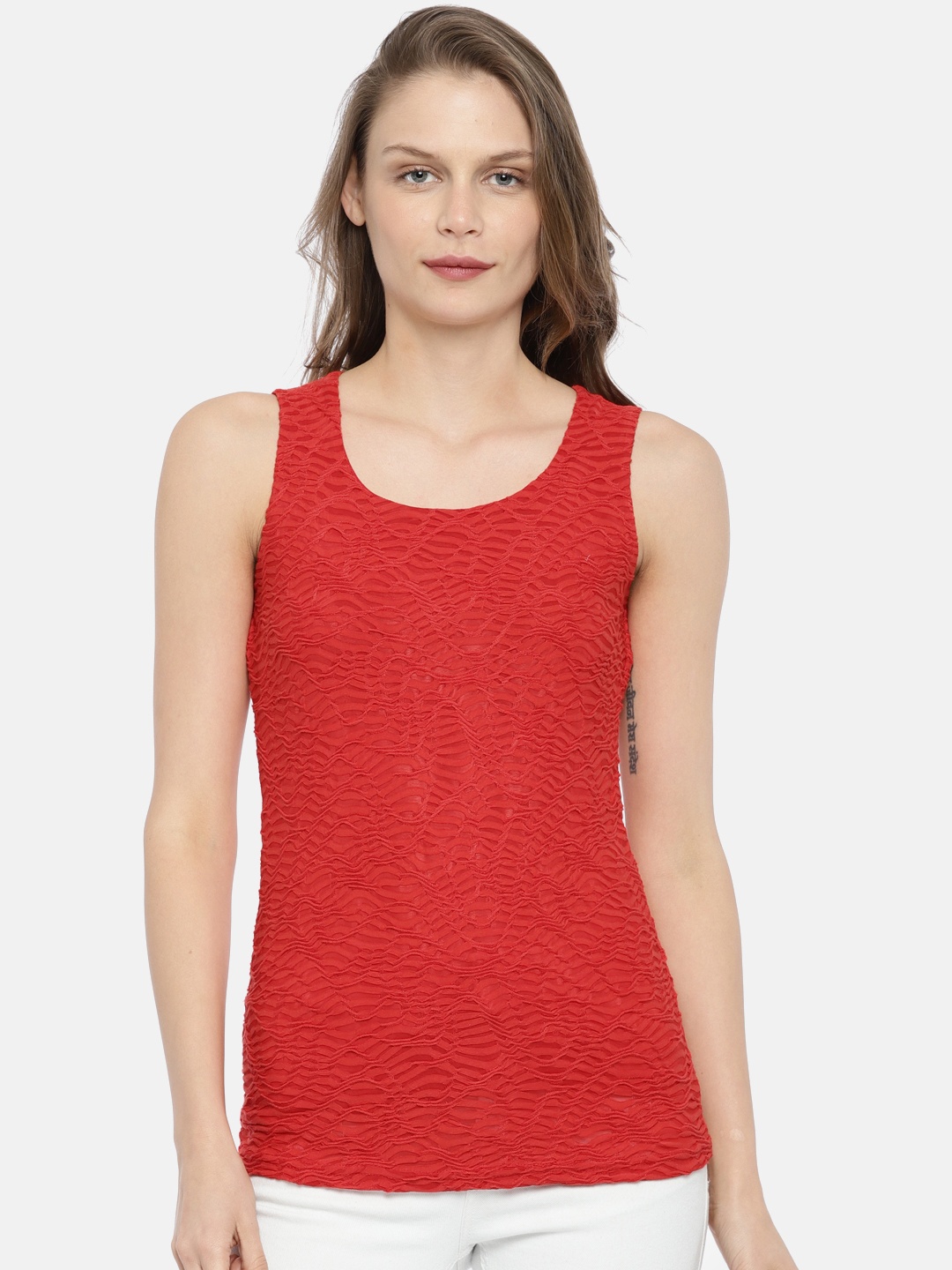 

AND Women Red Self Design Top