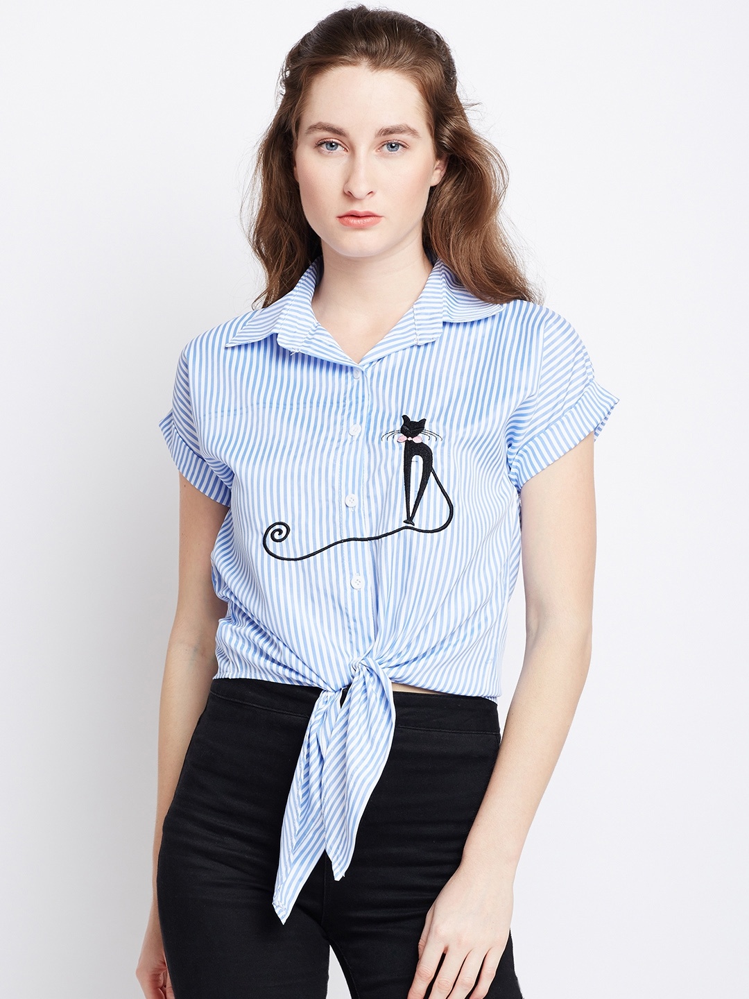 

Berrylush Women Blue Striped Shirt Style Embroidered Top