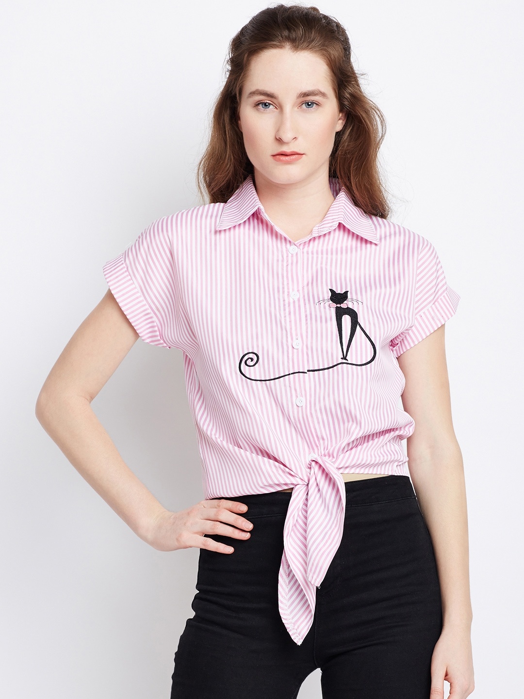 

Berrylush Women Pink Striped Shirt Style Embroidered Top