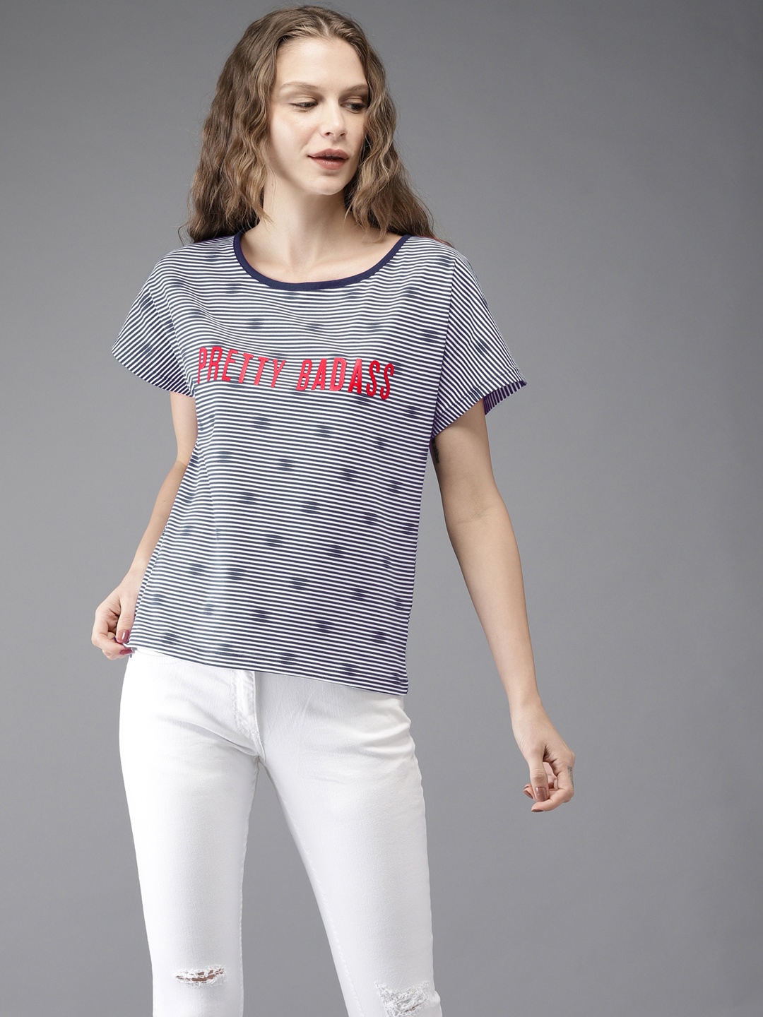 

Flying Machine Women Navy Blue White Striped Round Neck Pure Cotton T-shirt