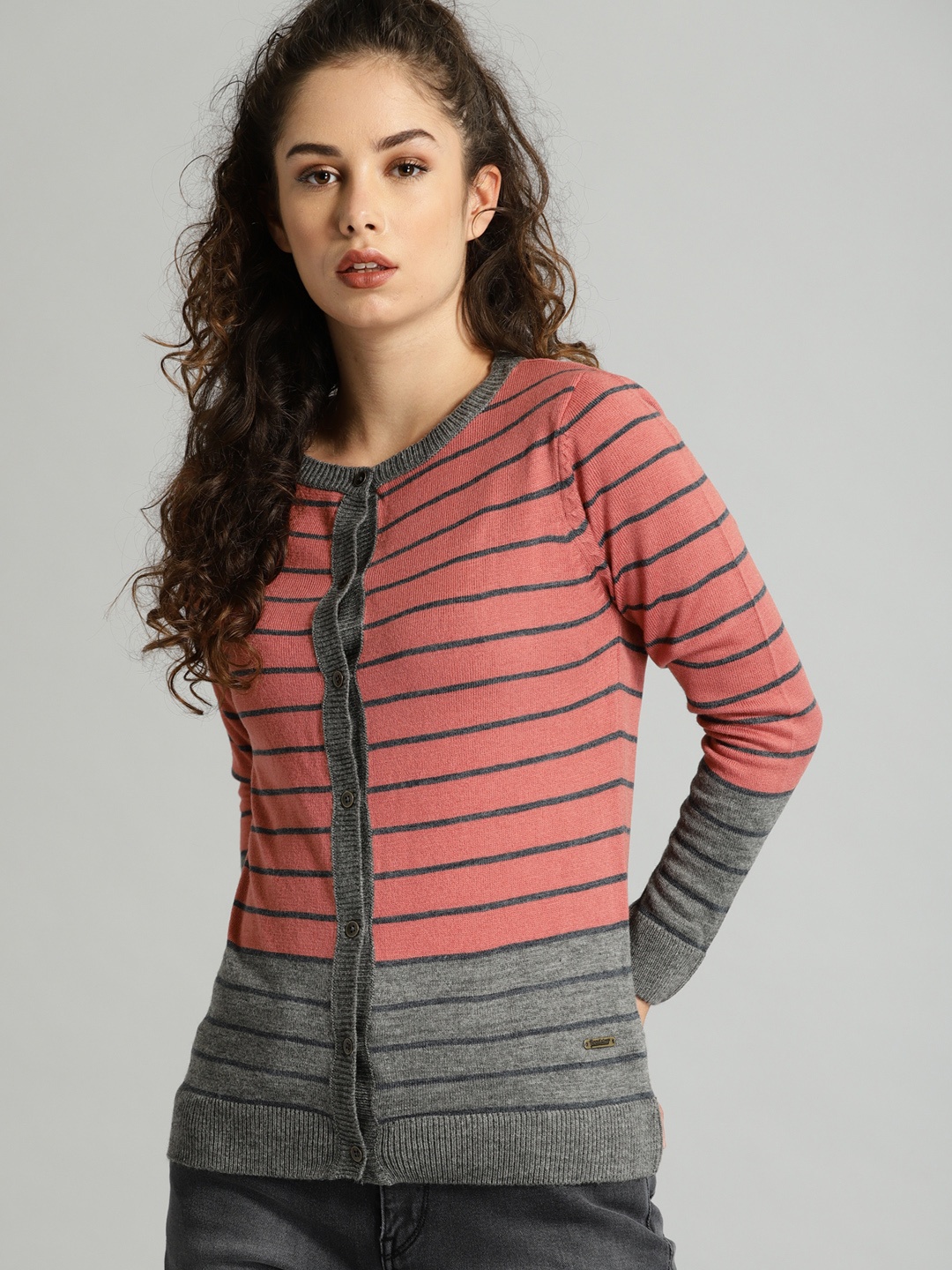 

Roadster Women Pink & Grey Striped Cardigan