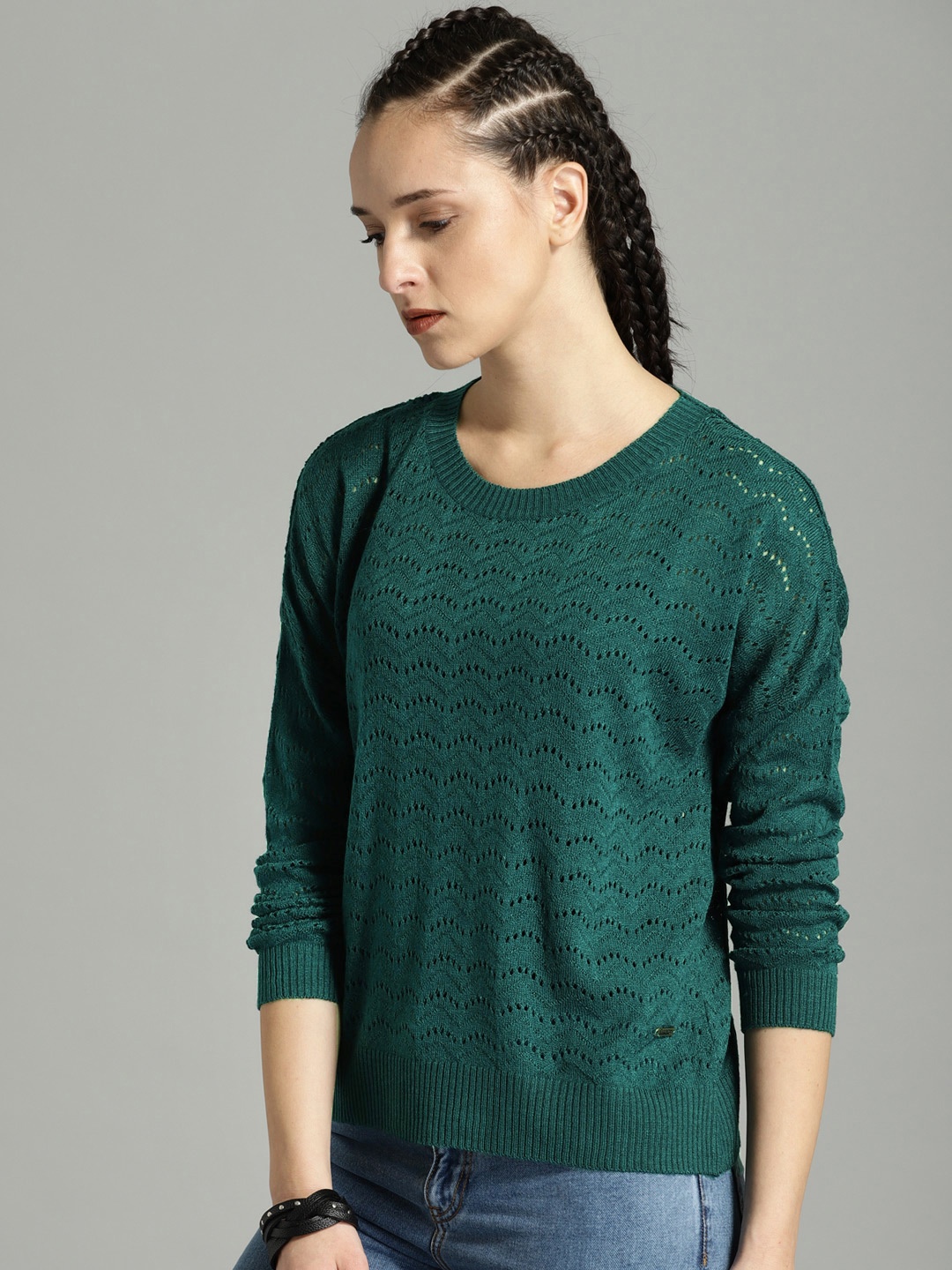 

Roadster Women Green Self Design Acrylic Pullover