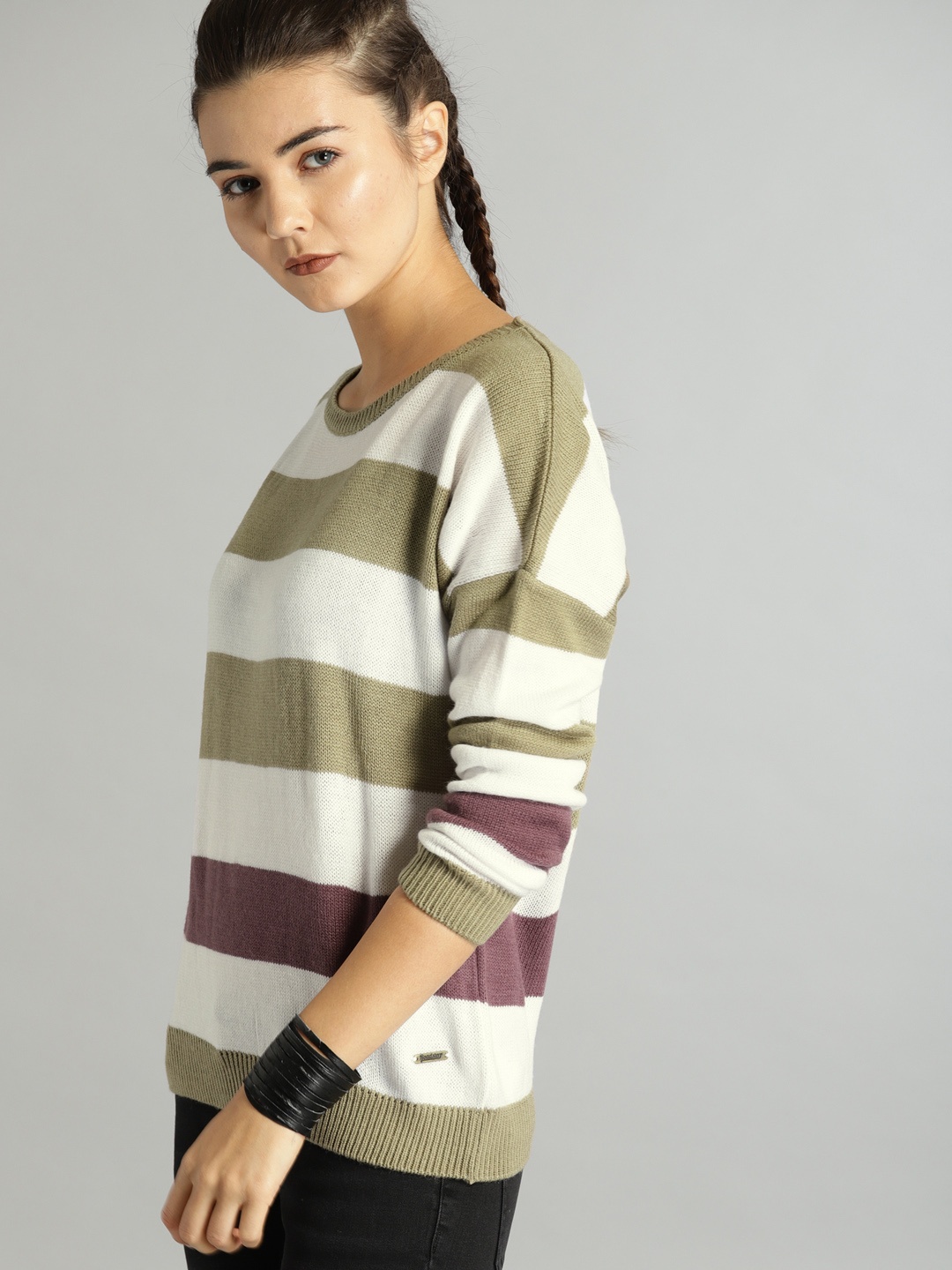 

Roadster Women White & Beige Striped Acrylic Pullover