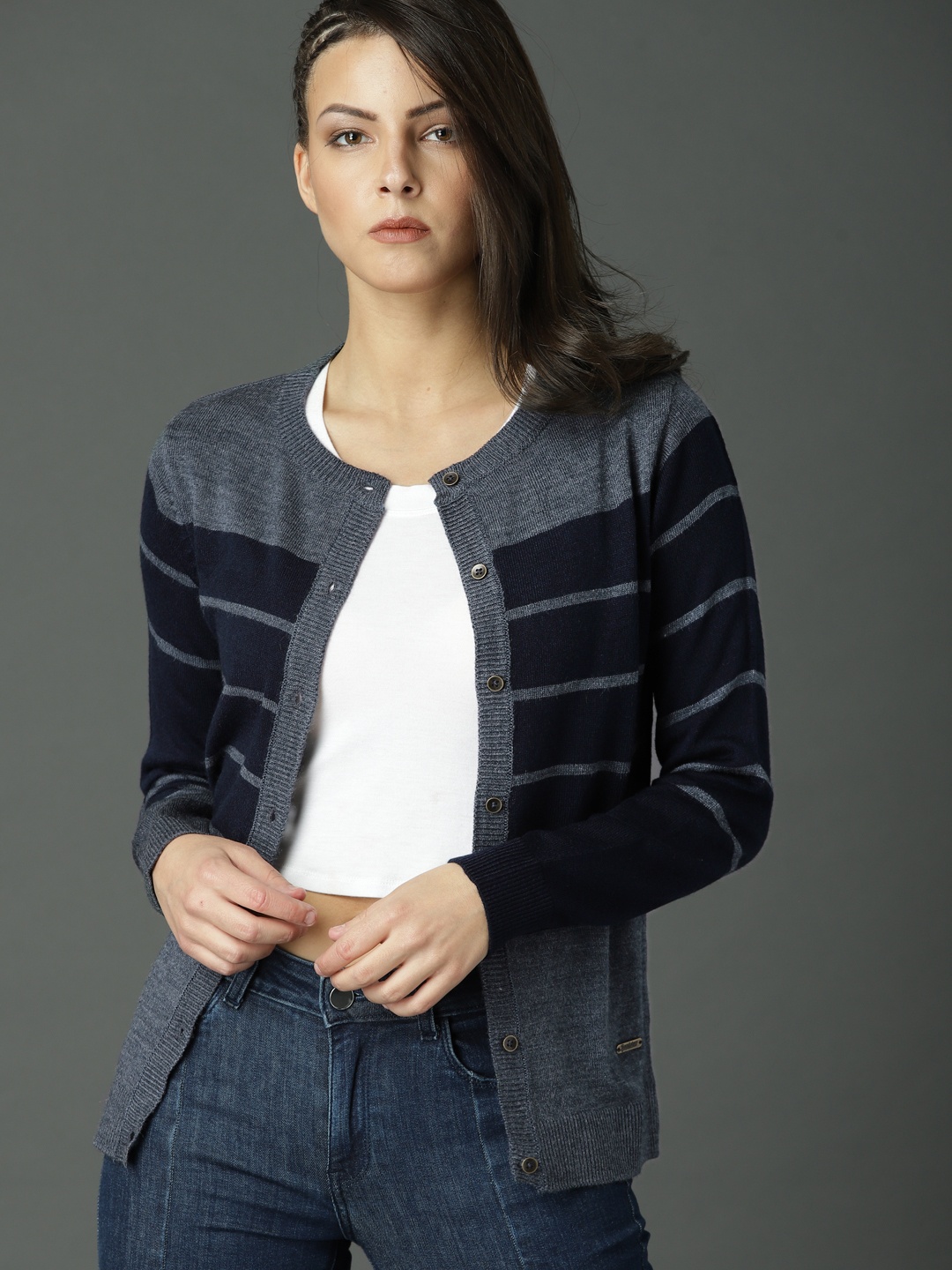 

Roadster Women Navy Blue Striped Cardigan