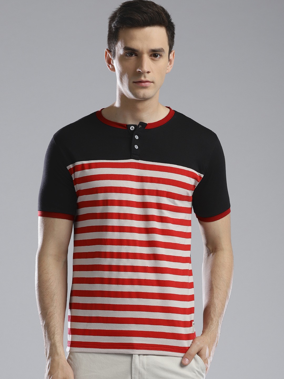 

Hubberholme Men Black & Red Striped Henley Neck T-shirt