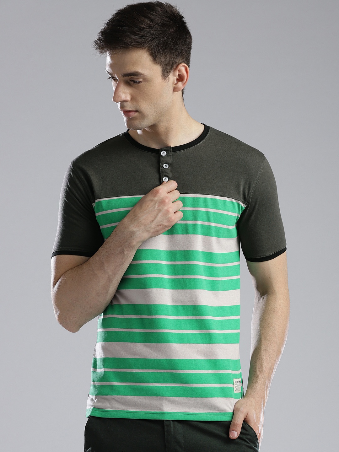 

Hubberholme Men Green Striped Henley Neck T-shirt