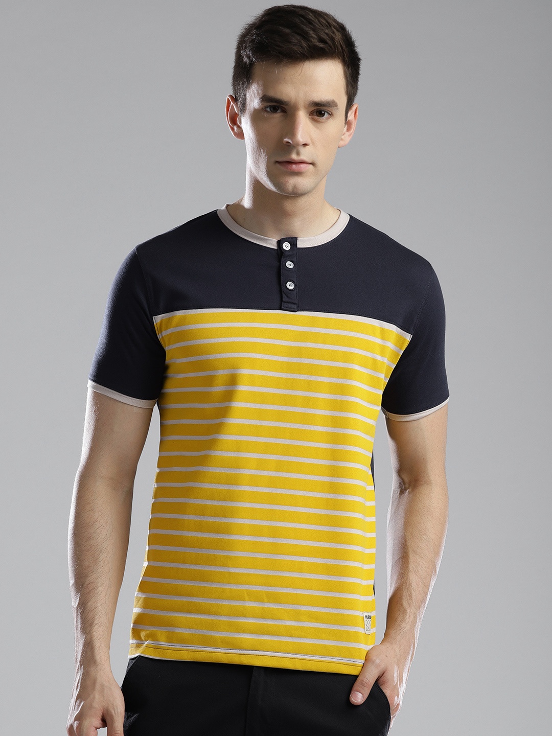 

Hubberholme Men Navy Blue & Yellow Striped Henley Neck T-shirt