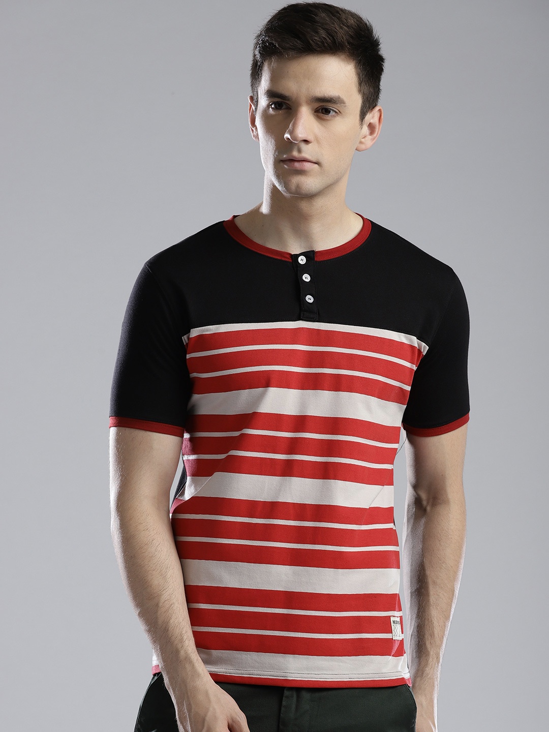 

Hubberholme Men Red & Black Striped Henley Neck T-shirt