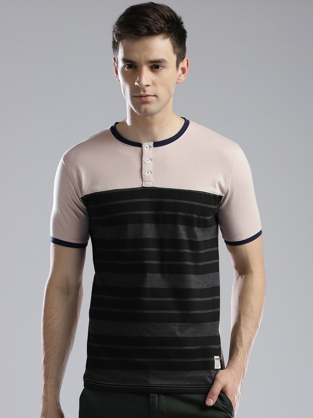 

Hubberholme Men Charcoal Grey Striped Henley Neck T-shirt