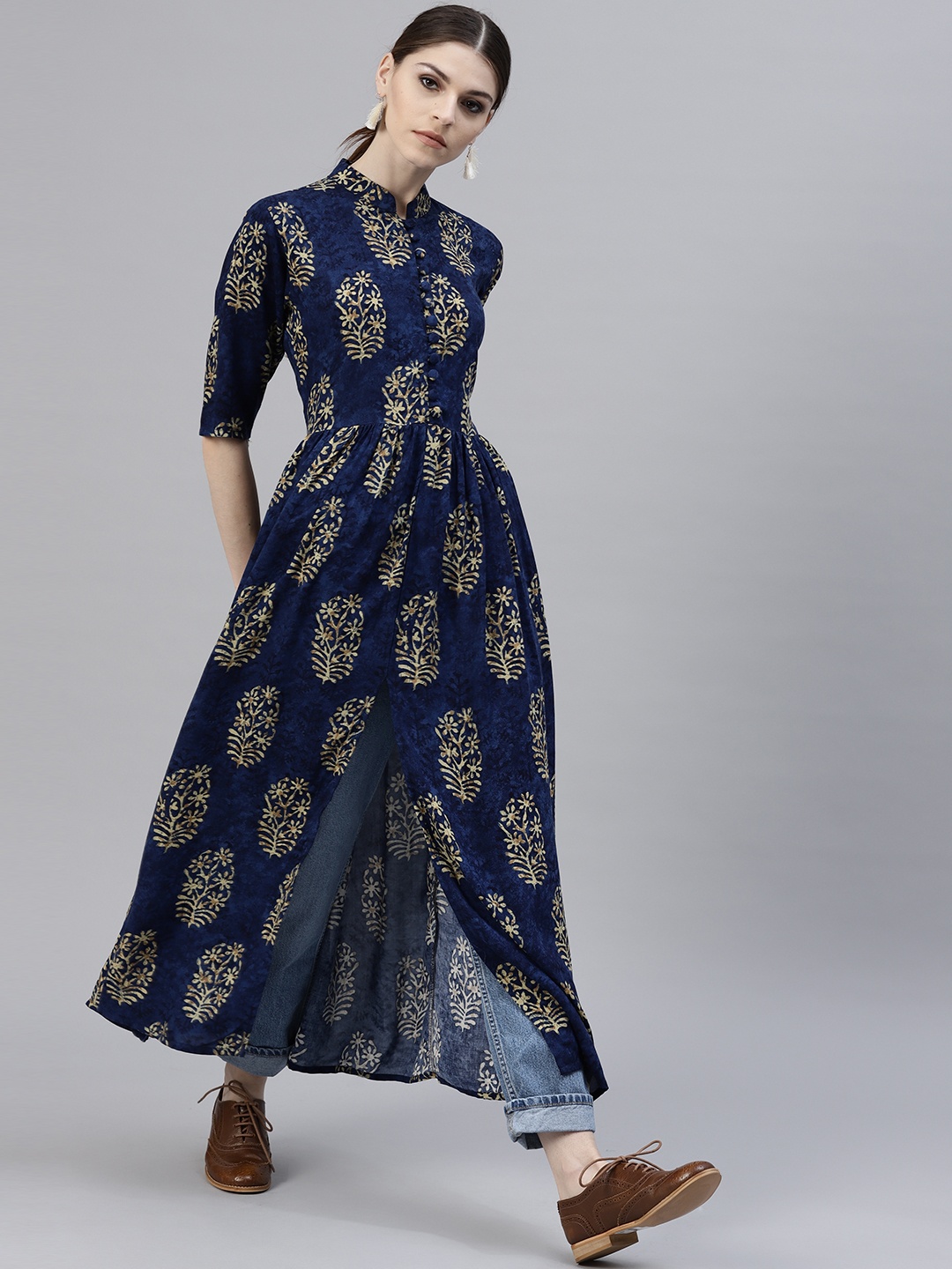 

GERUA Women Navy Blue & Beige Printed Anarkali Kurta