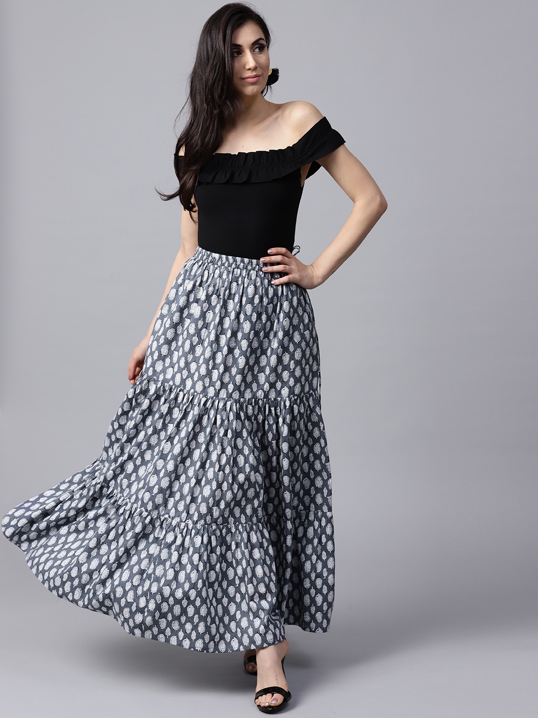 

GERUA Grey & White Printed Maxi Flared Pure Cotton Skirt