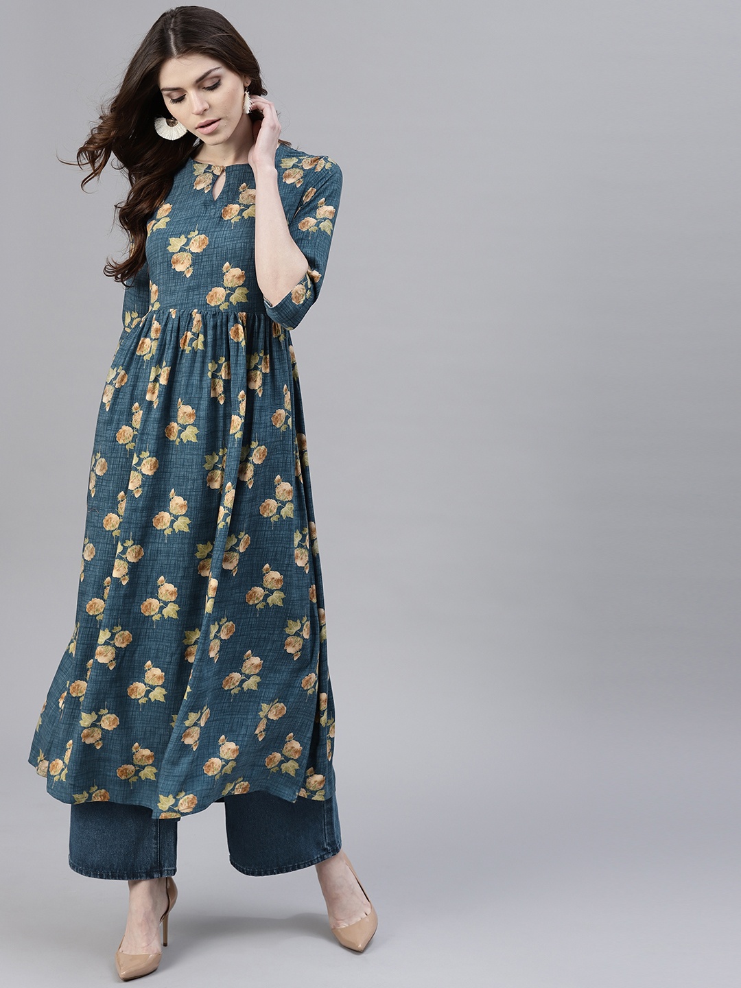 

Gerua By Libas Women Blue Floral Print A-Line Kurta