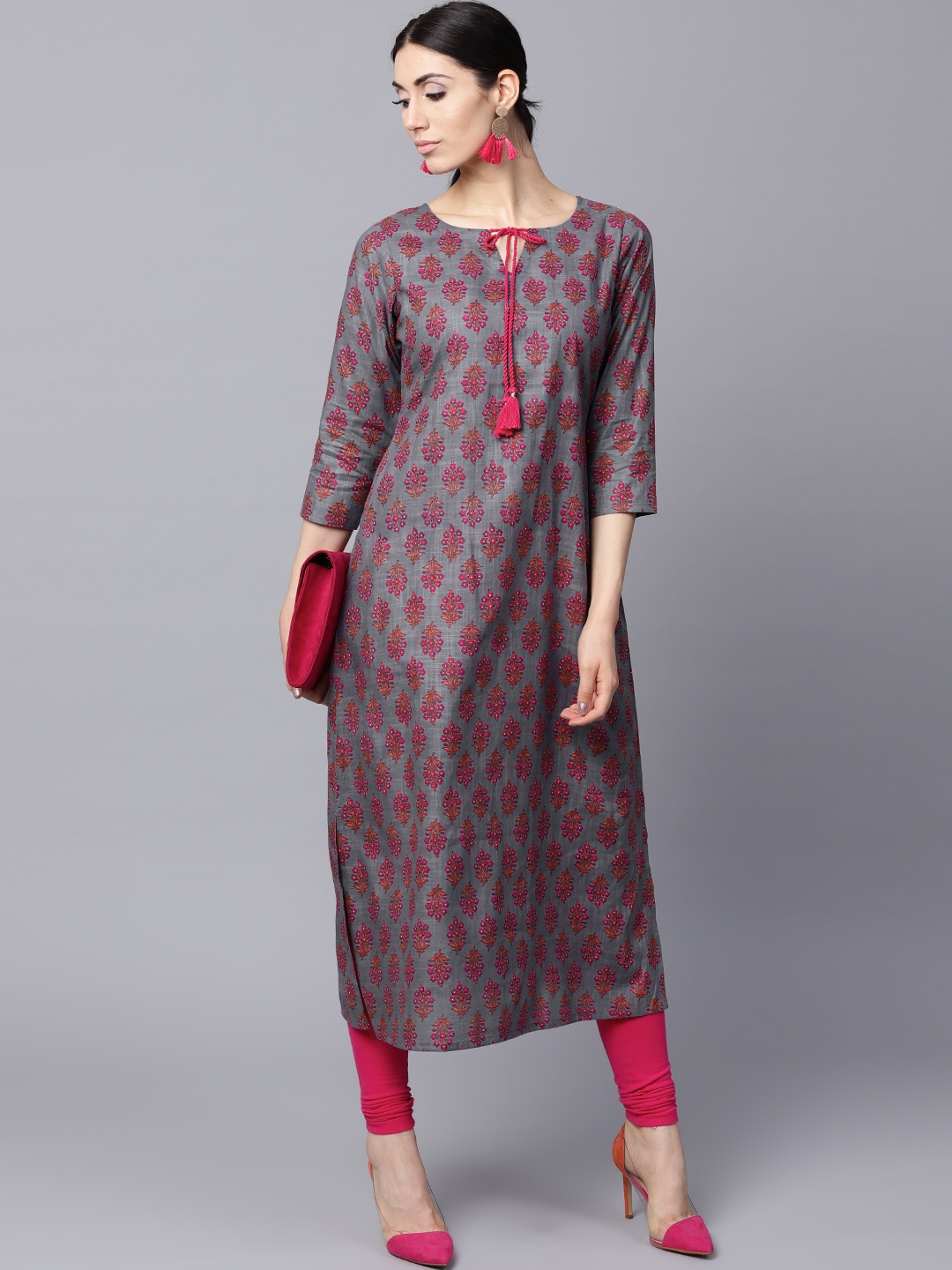 

Gerua By Libas Women Grey Pink Printed Straight Kurta