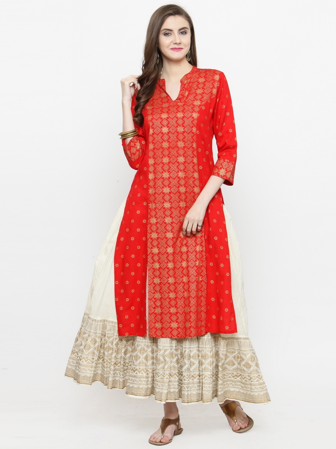 

Varanga Women Red Printed Kurta with Skirt