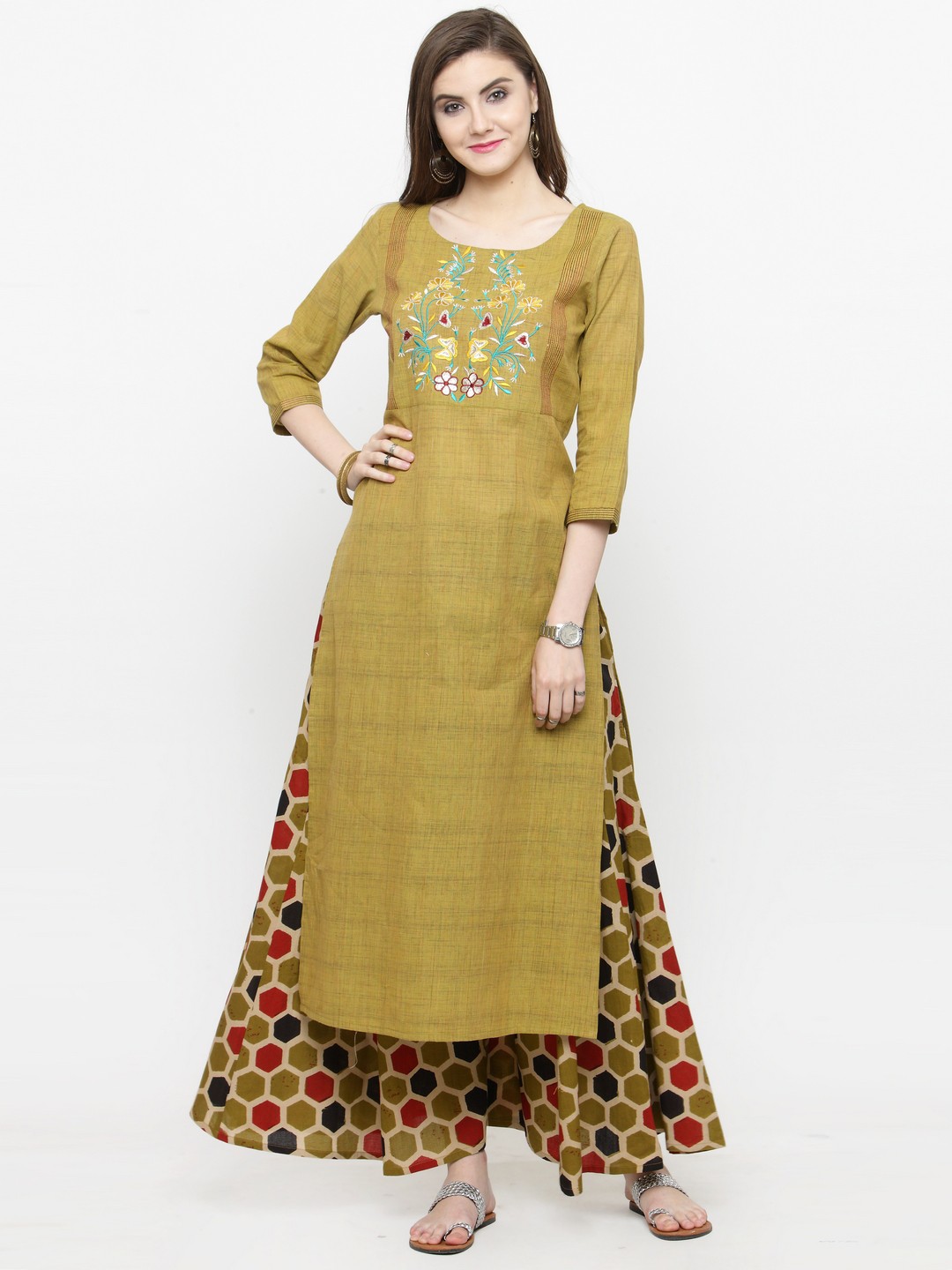 

Varanga Women Olive Green Embroidered Kurta with Palazzos